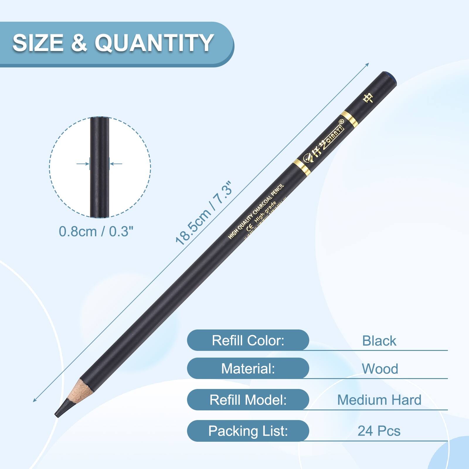SIZE & QUANTITY

0.8cm / 0.3"  
18.5cm / 7.3"

QUALITY High CE

Refill Color: Black  
Material: Wood  
Refill Model: Medium Hard  
Packing List: 24 Pcs