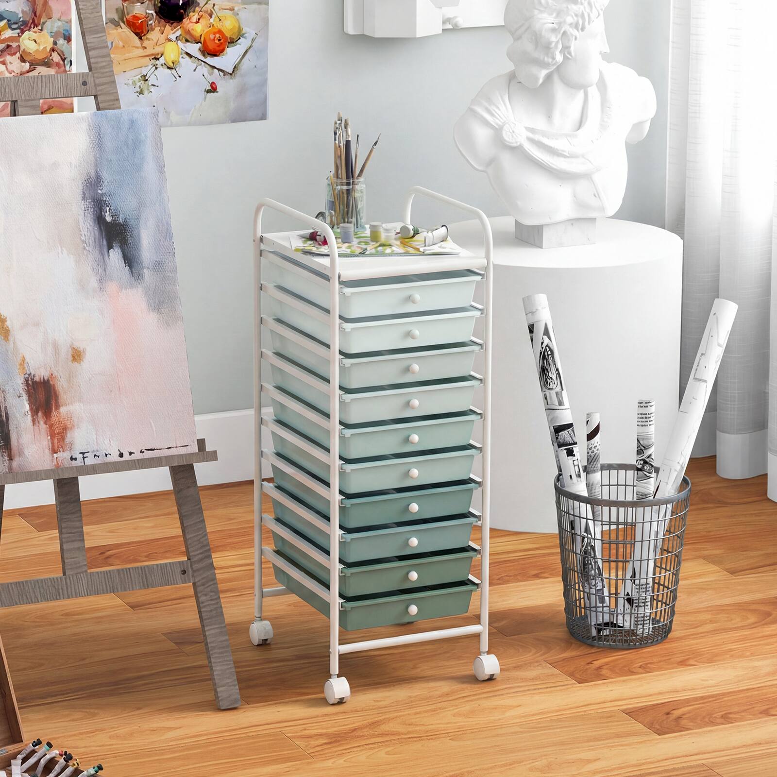 Alt View 3. Costway - Costway Drawer Art & Craft Storage Cart, Storage Cart with Removable Drawers, Multipurpose Organizer - Gradient Green.