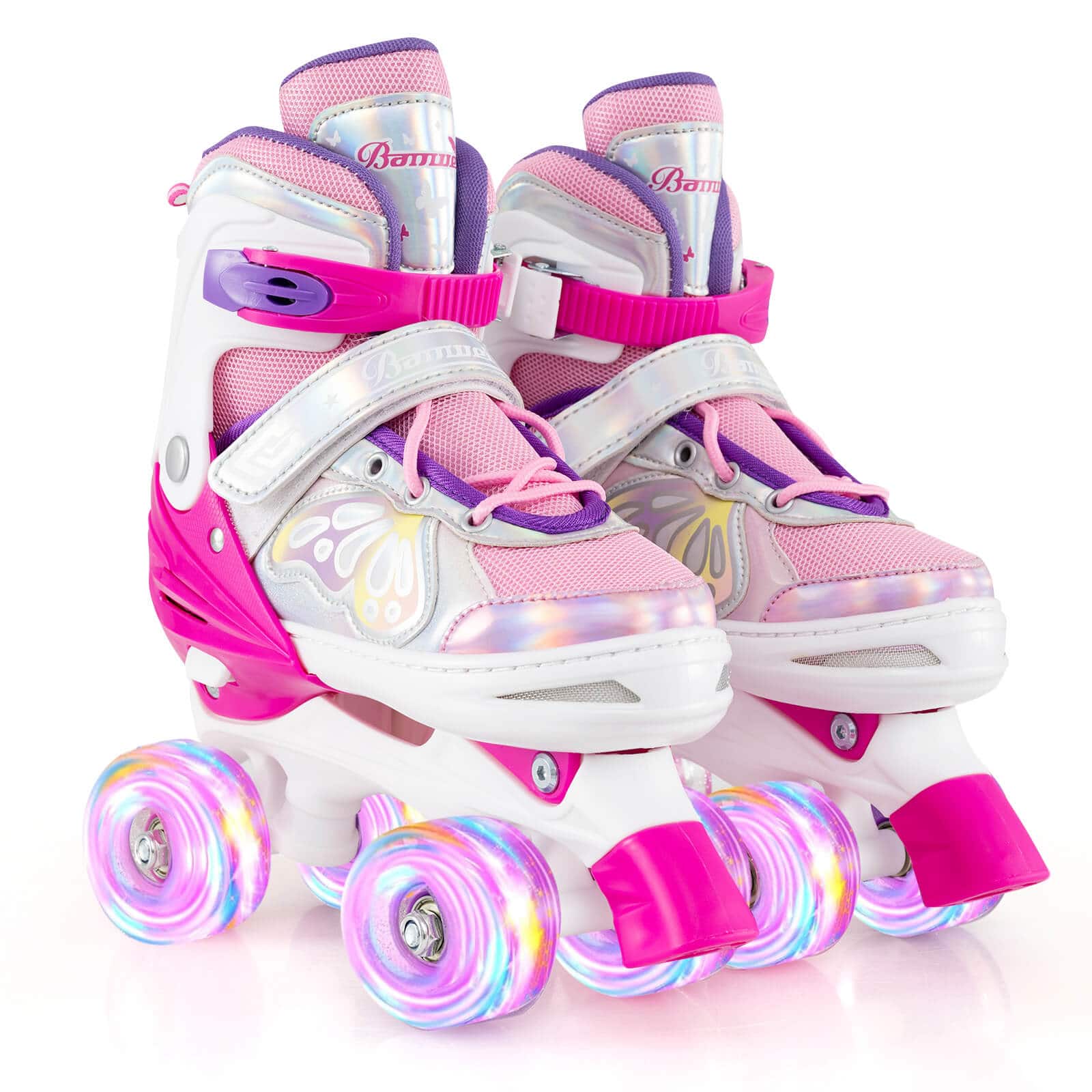 Costway - 4 Sizes Adjustable Quad Skates with Light-up Wheels Safety Protection for Ages 13+ - Rose Red
