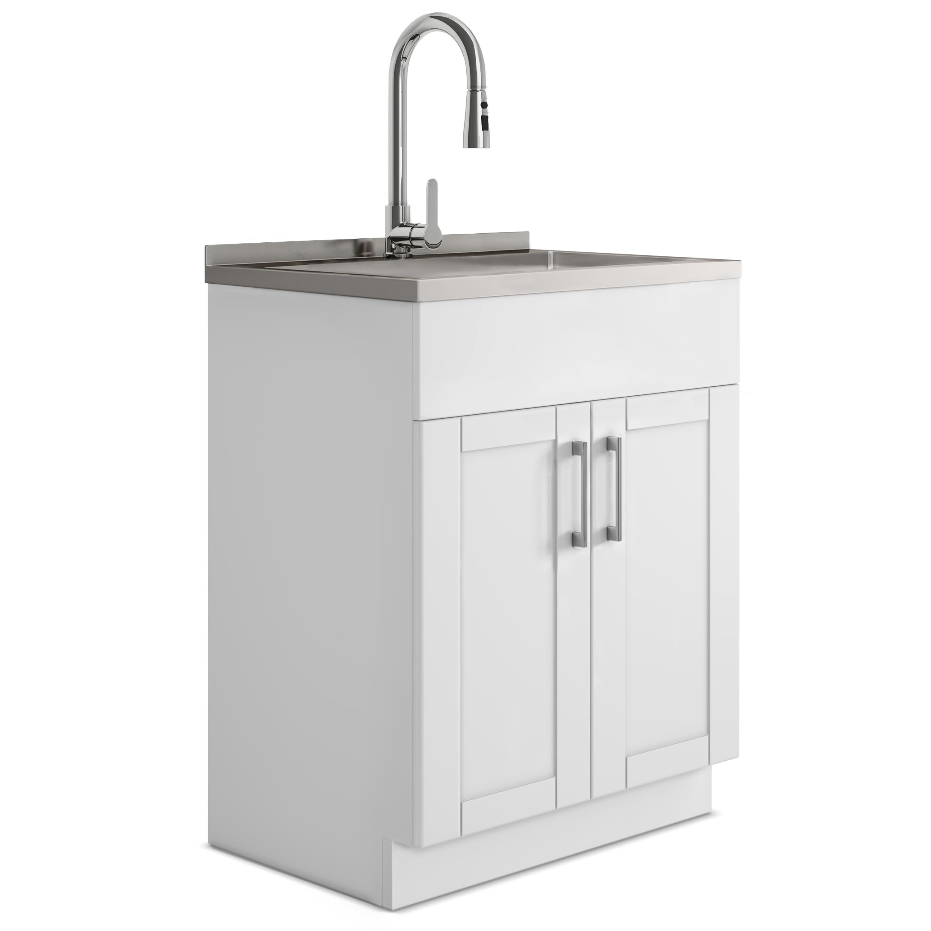 Simpli Home - Modern Wide Shaker All-In-One 28-inch Laundry Utility Sink and Cabinet - Pure White