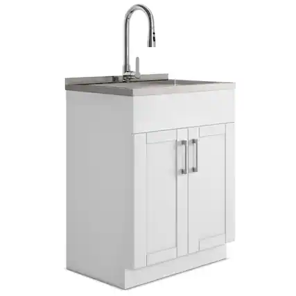 Front. Simpli Home - Modern Wide Shaker All-In-One 28-inch Laundry Utility Sink and Cabinet - Pure White.