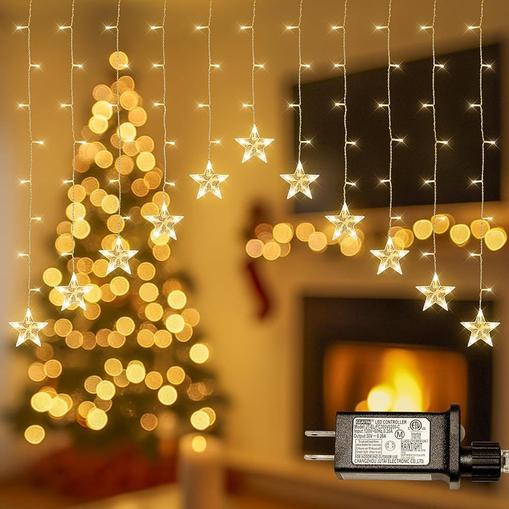 MOSZAR LLC - Stars 118-LED Icicle Curtain Lights, 11.5 FT, Warm White, Indoor/Outdoor