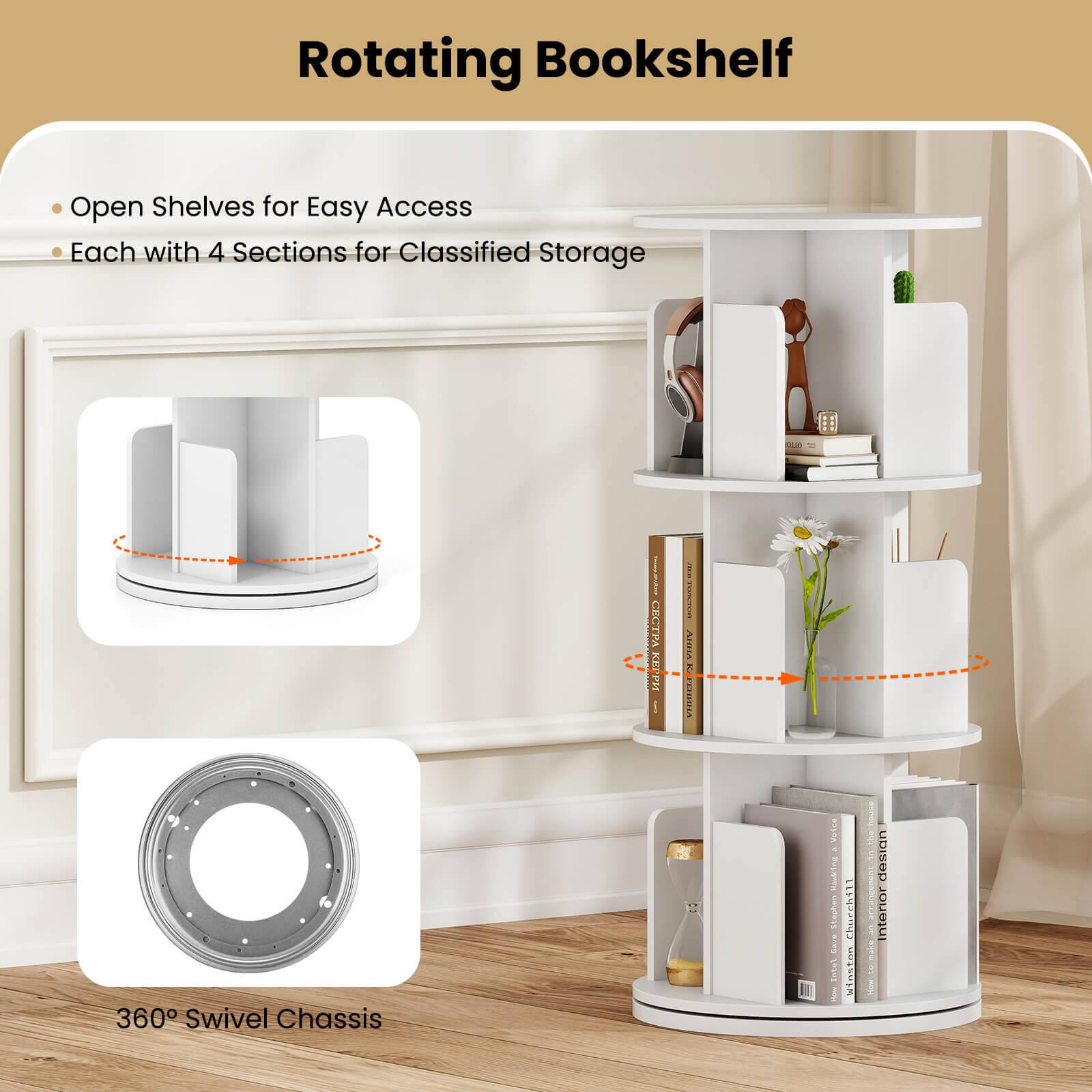 Rotating Bookshelf

- Open Shelves for Easy Access
- Each with 4 Sections for Classified Storage

360° Swivel Chassis