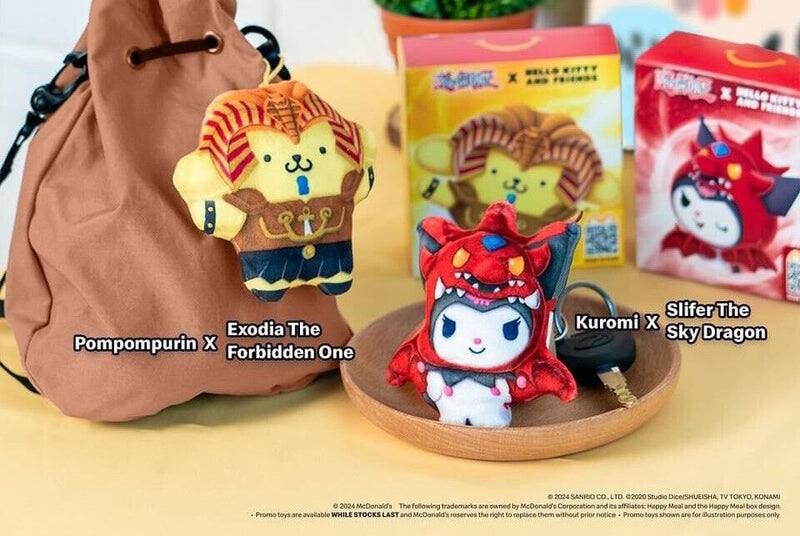 Pompompurin x Exodia The Forbidden One  
Kuromi x Slifer The Sky Dragon  

© 2024 SANRIO CO., LTD. © 2020 Studio Dice/SHUEISHA, TV TOKYO, KONAMI  
© 2024 McDonald's. The following trademarks are owned by McDonald's Corporation and its affiliates: Happy Meal and the Happy Meal box design. Promo toys are available WHILE STOCKS LAST and McDonald's reserves the right to replace them without prior notice. Promo toys shown are for illustration purposes only.