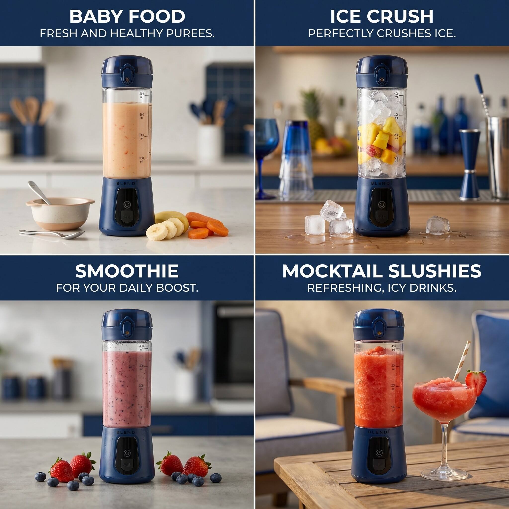 BABY FOOD  
FRESH AND HEALTHY PUREES.

ICE CRUSH  
PERFECTLY CRUSHES ICE.

SMOOTHIE  
FOR YOUR DAILY BOOST.

MOCKTAIL SLUSHIES  
REFRESHING, ICY DRINKS.