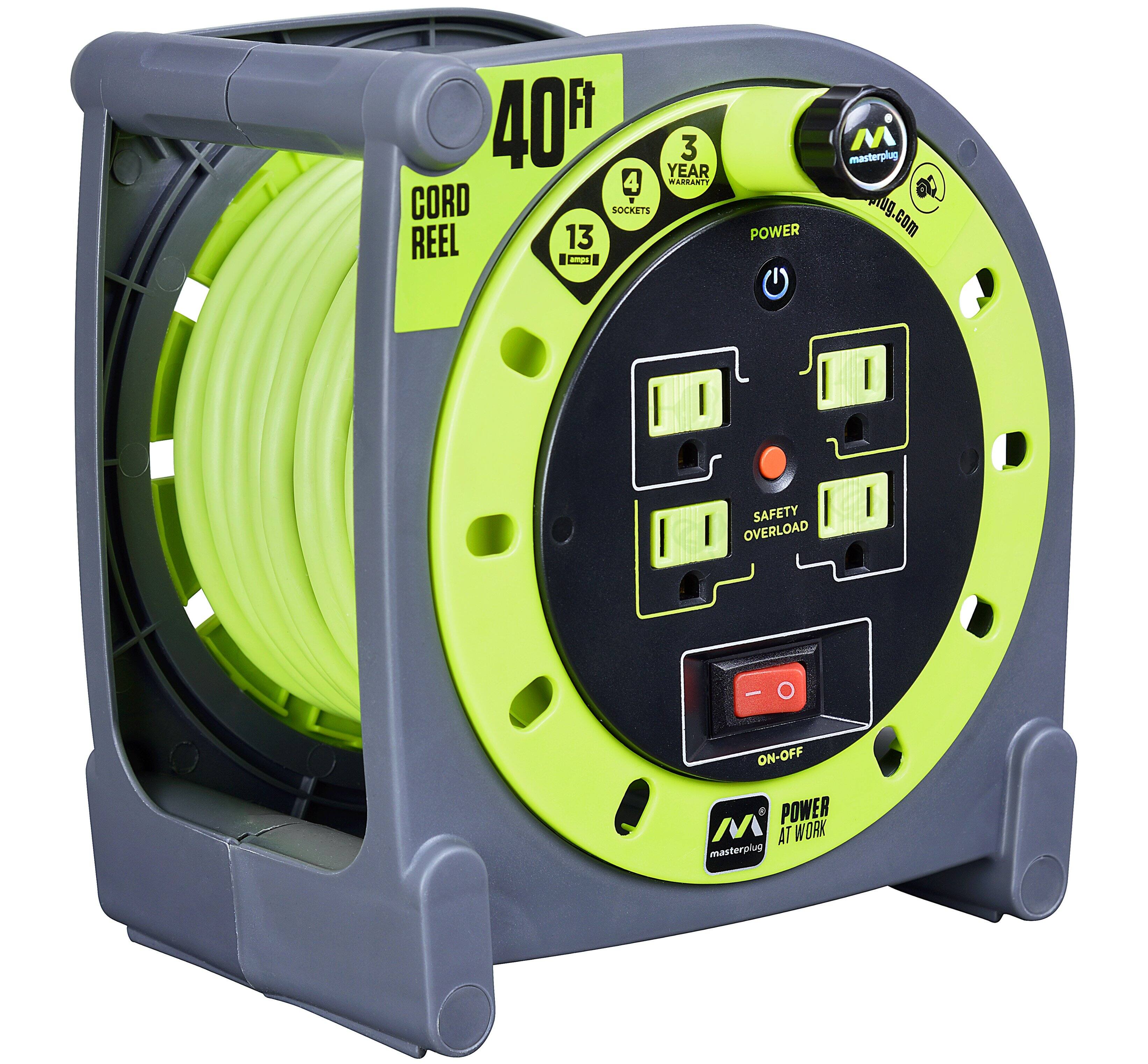 Front. Masterplug - 40Ft 4 Sockets 10A 16AWG Cassette Cable Reel - Green & Grey.