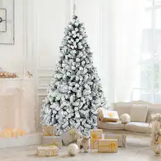 Front. Gymax - Gymax 7.5 FT Pre-Lit Christmas Tree Snow Flocked Hinged Pine Tree w/ Metal Stand - White.