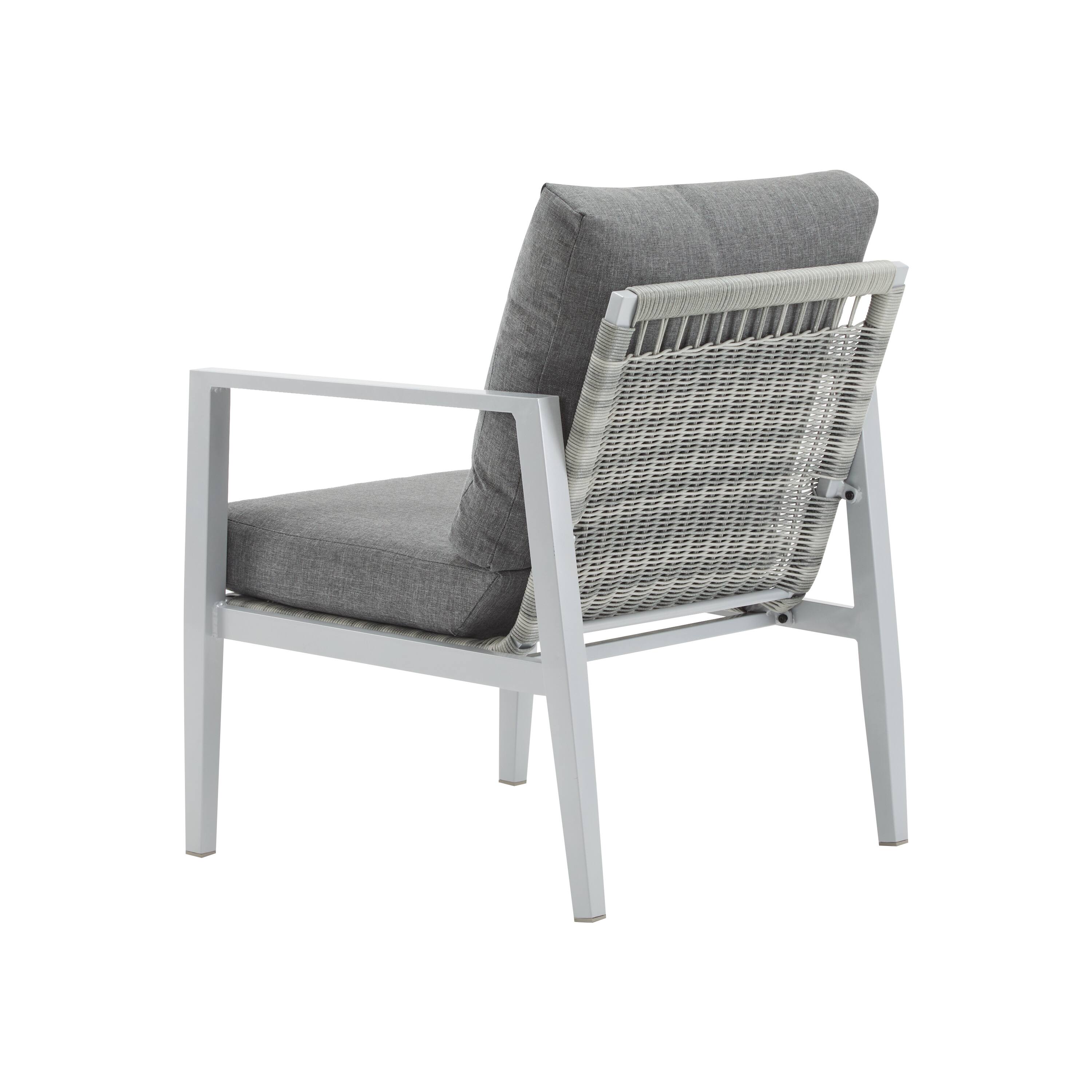 Back. SlickBlue - Modern Rope Accent Lounge Chair – Aluminum Frame with Plush Cushions for Patio - Silver, Grey.