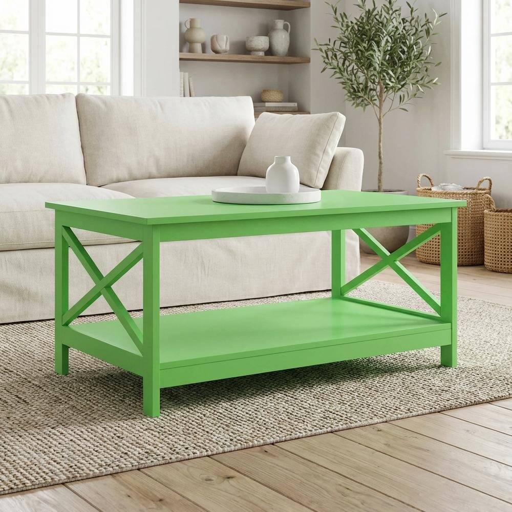 Back. FurniFact - Coffee Table Lime MDF with Shelf Coastal Style Transitional Design - Lime.