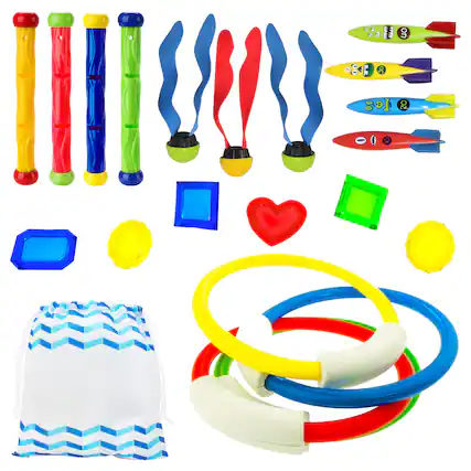 Front. Joyfy - 18PCS Diving Swimming Pool Toys, Summer Underwater Adventure Kid Pool Toy with Fishes Dive Sticks Rings Gems Storage Bag.