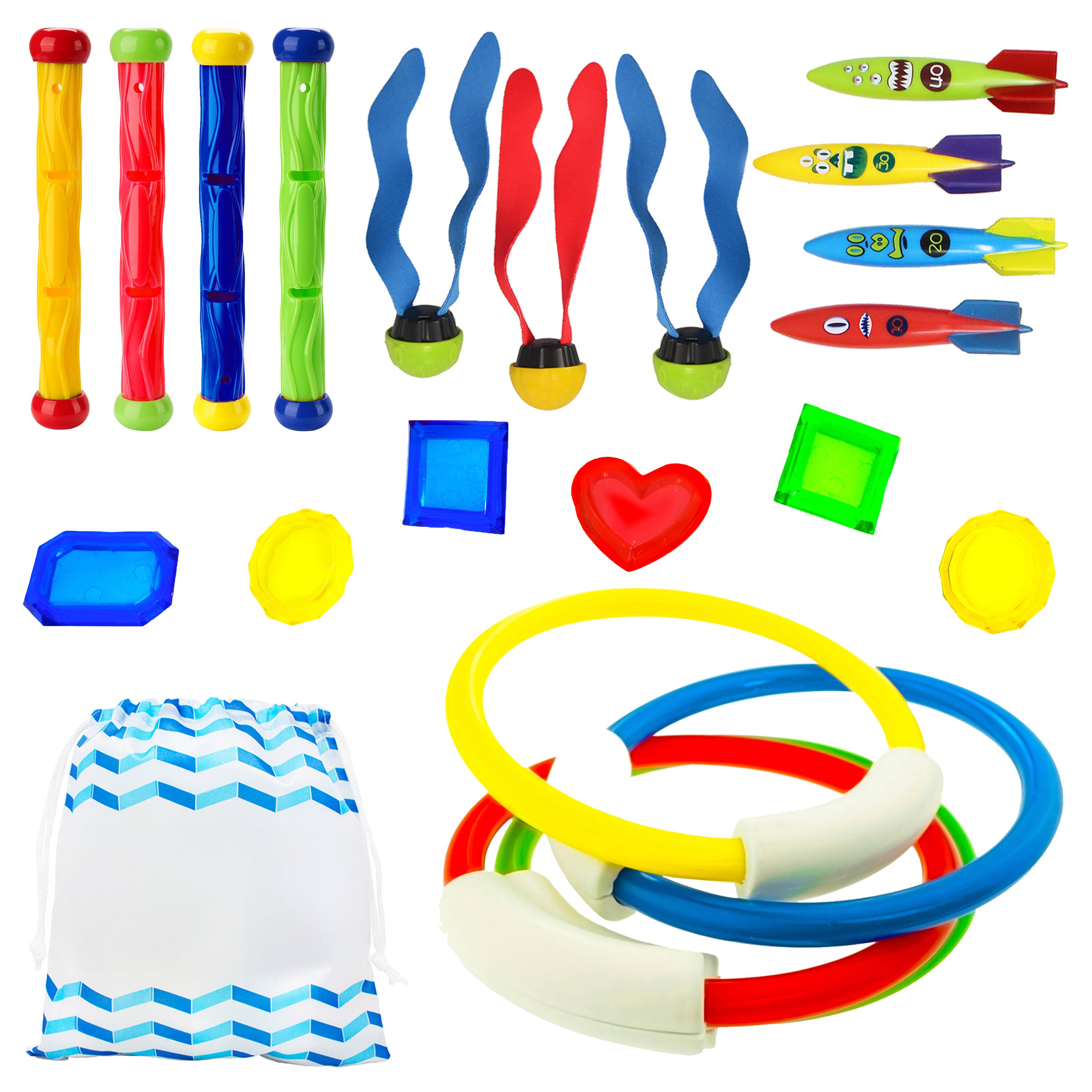 Front. Joyfy - 18PCS Diving Swimming Pool Toys, Summer Underwater Adventure Kid Pool Toy with Fishes Dive Sticks Rings Gems Storage Bag.