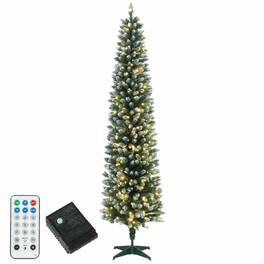 RYHNUYNE - 8FT Pre-Lit Flocked Pencil Christmas Tree With Dual-Color Green White LED Lights and Remote, 11 Modes - Green,White