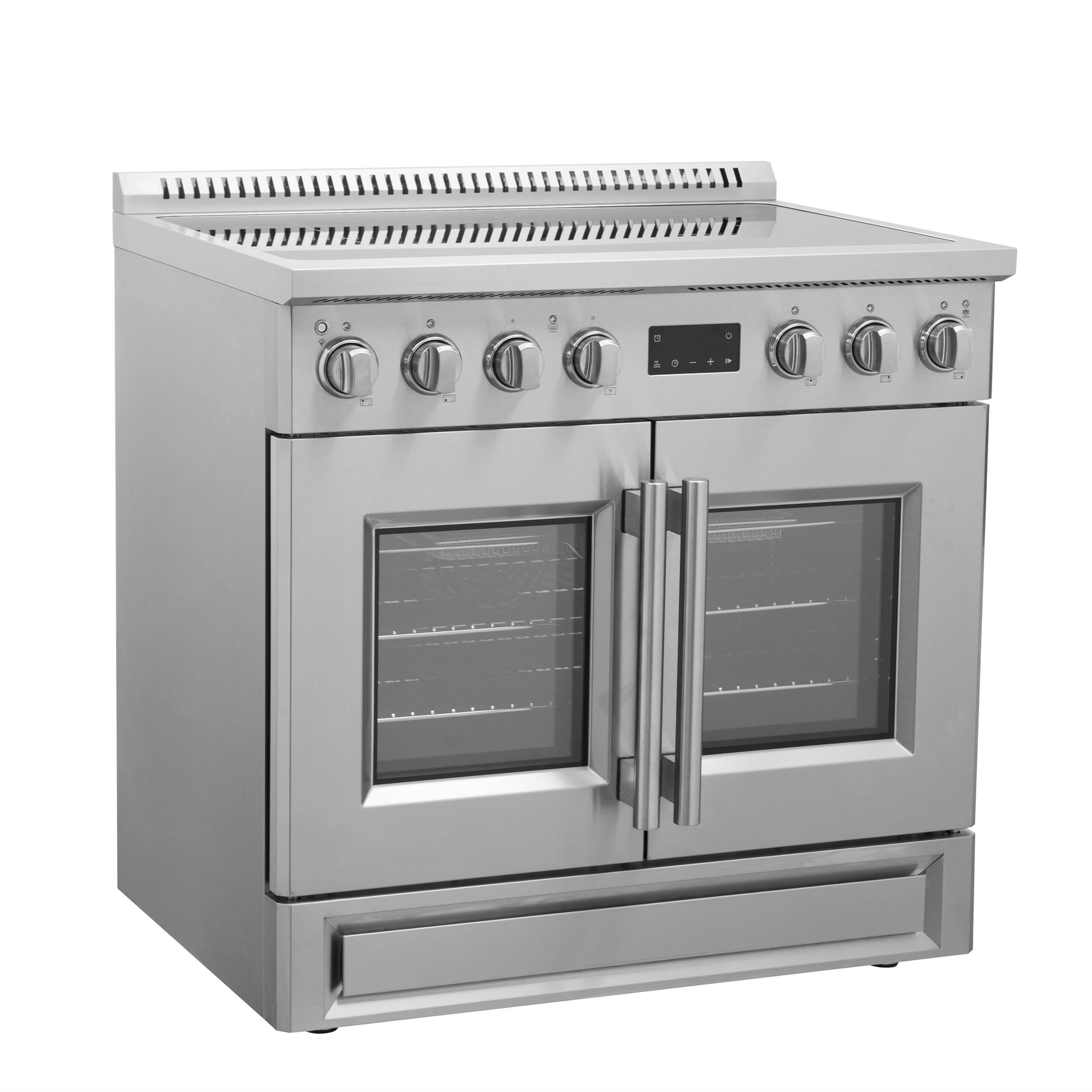 Left. Forno Appliances - Torino 5.36 Cu. Ft. Freestanding Induction Range with French Door Design and Air Sous Vide Technology - Silver.