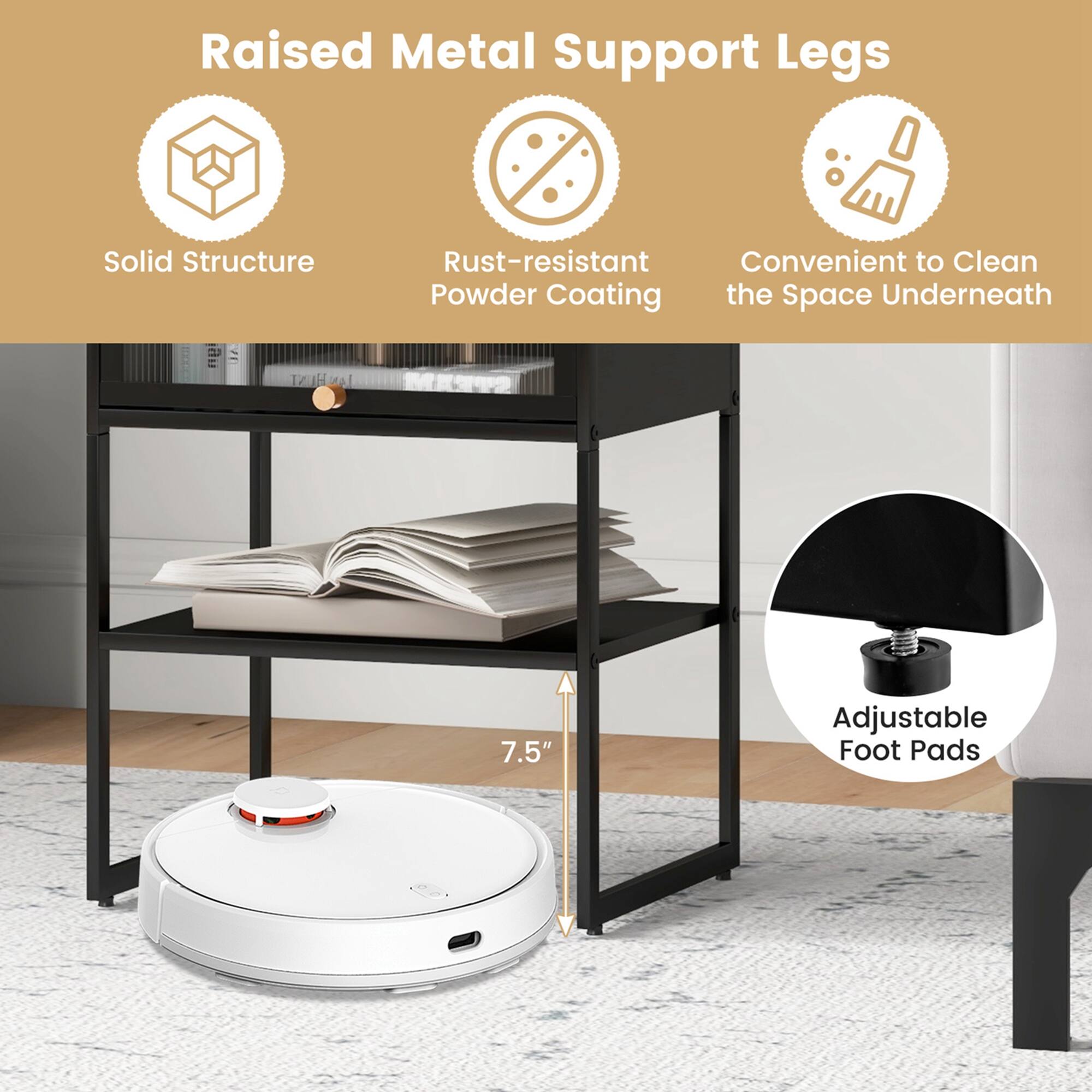 Raised Metal Support Legs: Solid structure, rust-resistant, convenient to clean, powder coating the space underneath. LAHUSI 7.5" Adjustable Foot Pads.