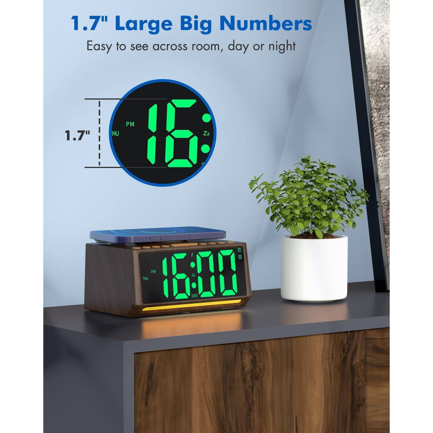 1.7" Large Big Numbers  
Easy to see across room, day or night  

1.7"  
16:00 PM  
HU  
Zz