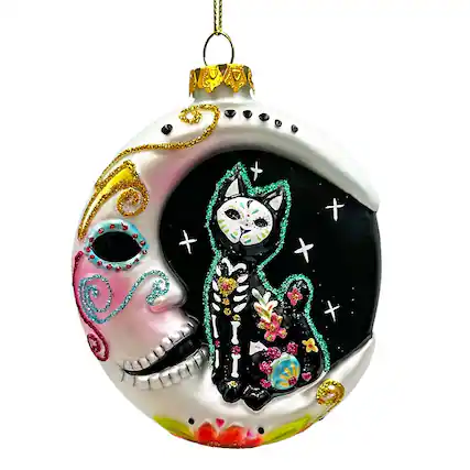 Front. OrnamentallyYou - Folkloric Siamese Cat Sugar Skull Glass Ornament Celestial Crescent Moon Halloween Decor - Multi-colored.