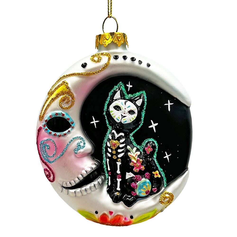 Front. OrnamentallyYou - Folkloric Siamese Cat Sugar Skull Glass Ornament Celestial Crescent Moon Halloween Decor - Multi-colored.
