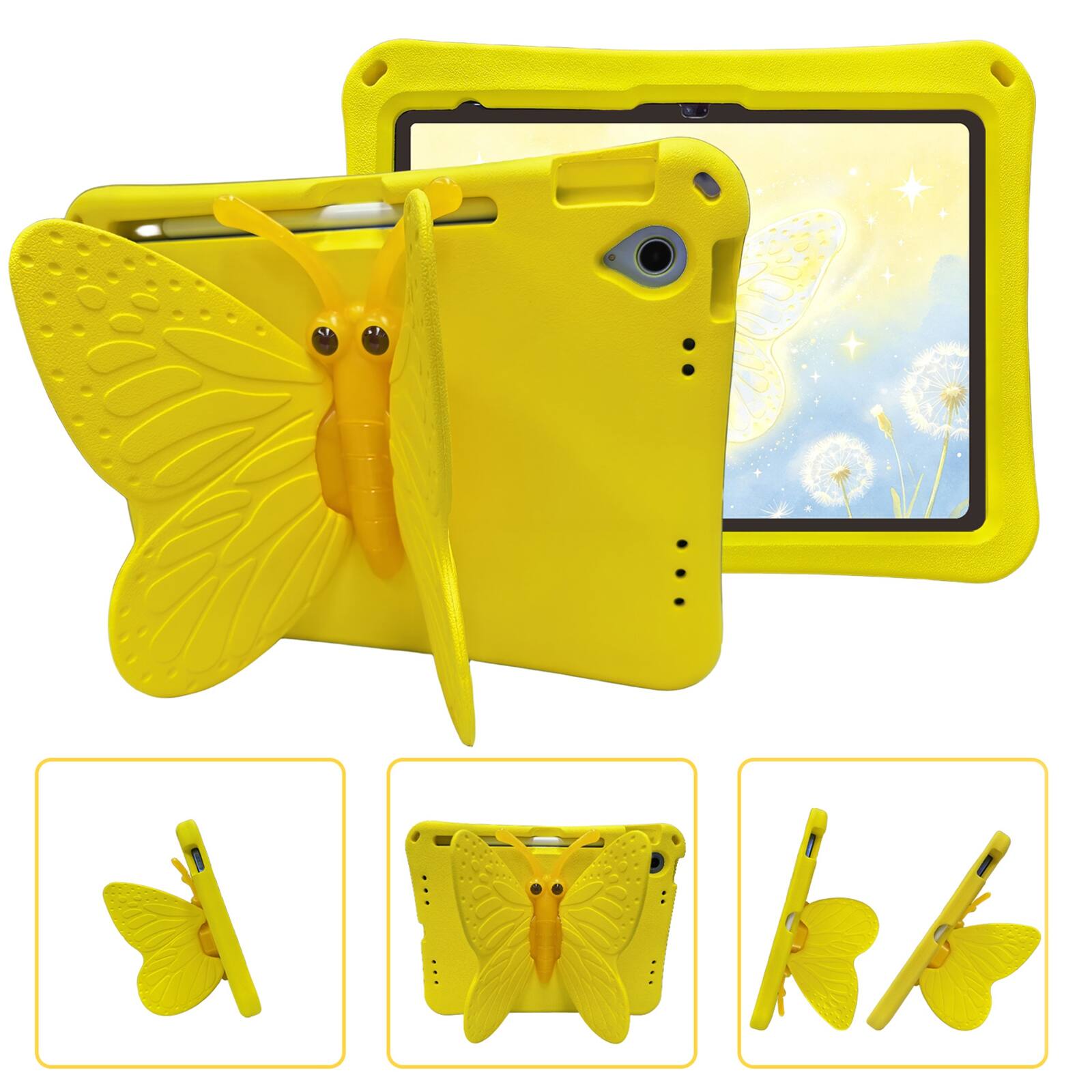 Angle. UUCOVER - Butterfly Case for iPad (A16) 11-inch 2025/iPad 10th Gen 10.9" 2022,Shockproof EVA Kids Case 360° Rotating Stand Cover - Yellow.