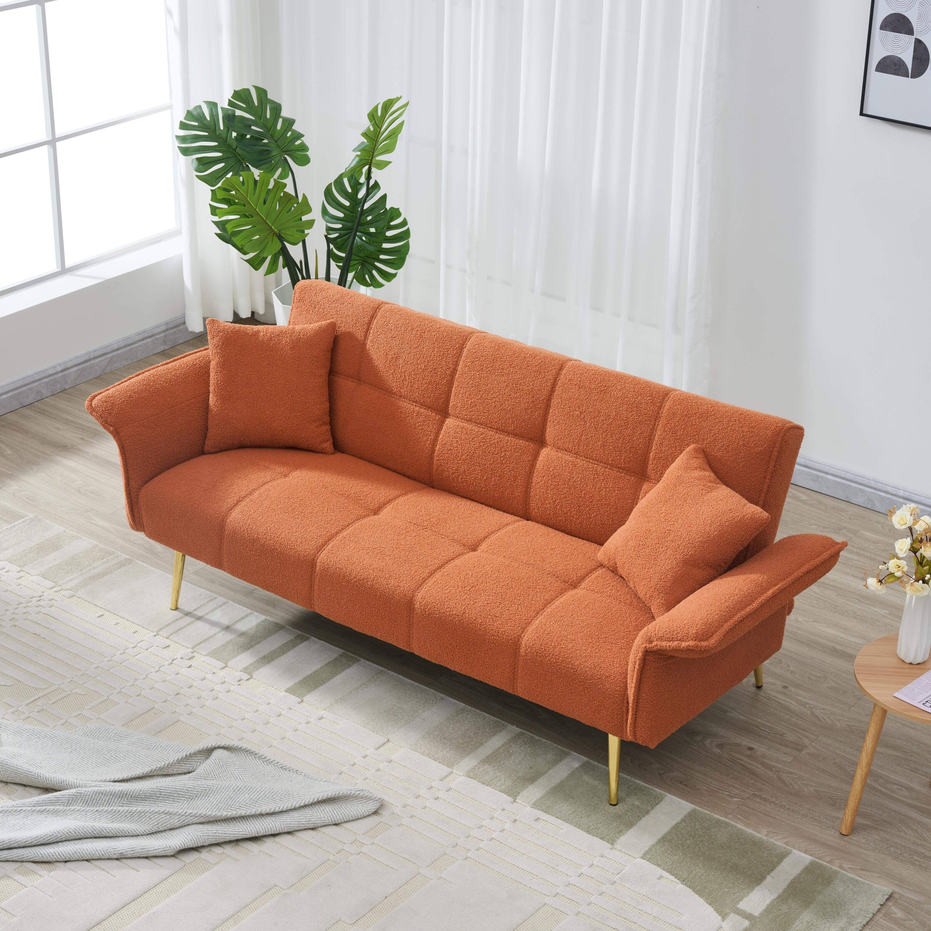 Alt View 1. Roomtec - 70inch teddy fleece sofabed convertible futon sofabed with adjustable arms and backrest modern love sofa for living - Orange.