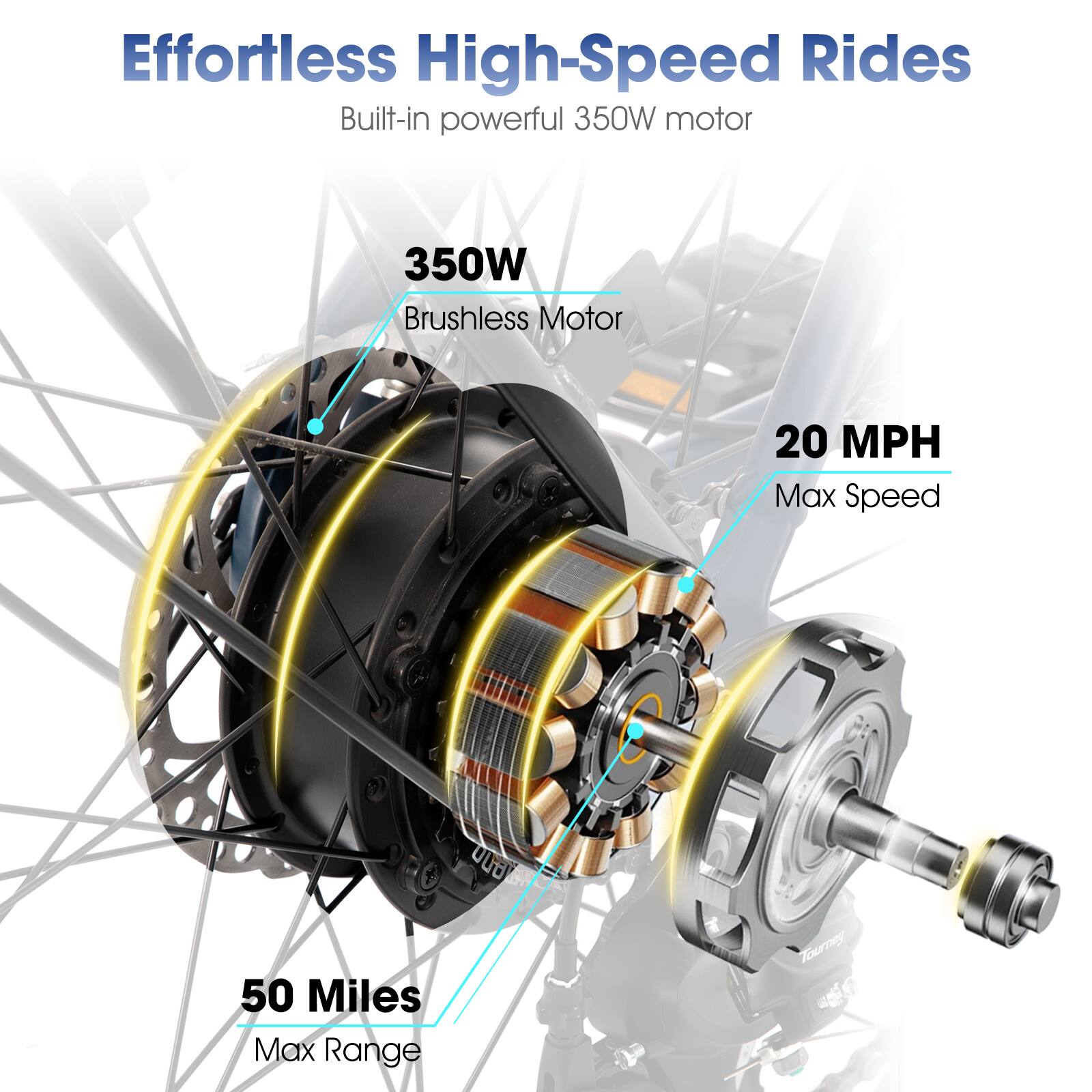 Effortless High-Speed Rides  
Built-in powerful 350W motor  
350W Brushless Motor  
20 MPH Max Speed  
50 Miles Max Range