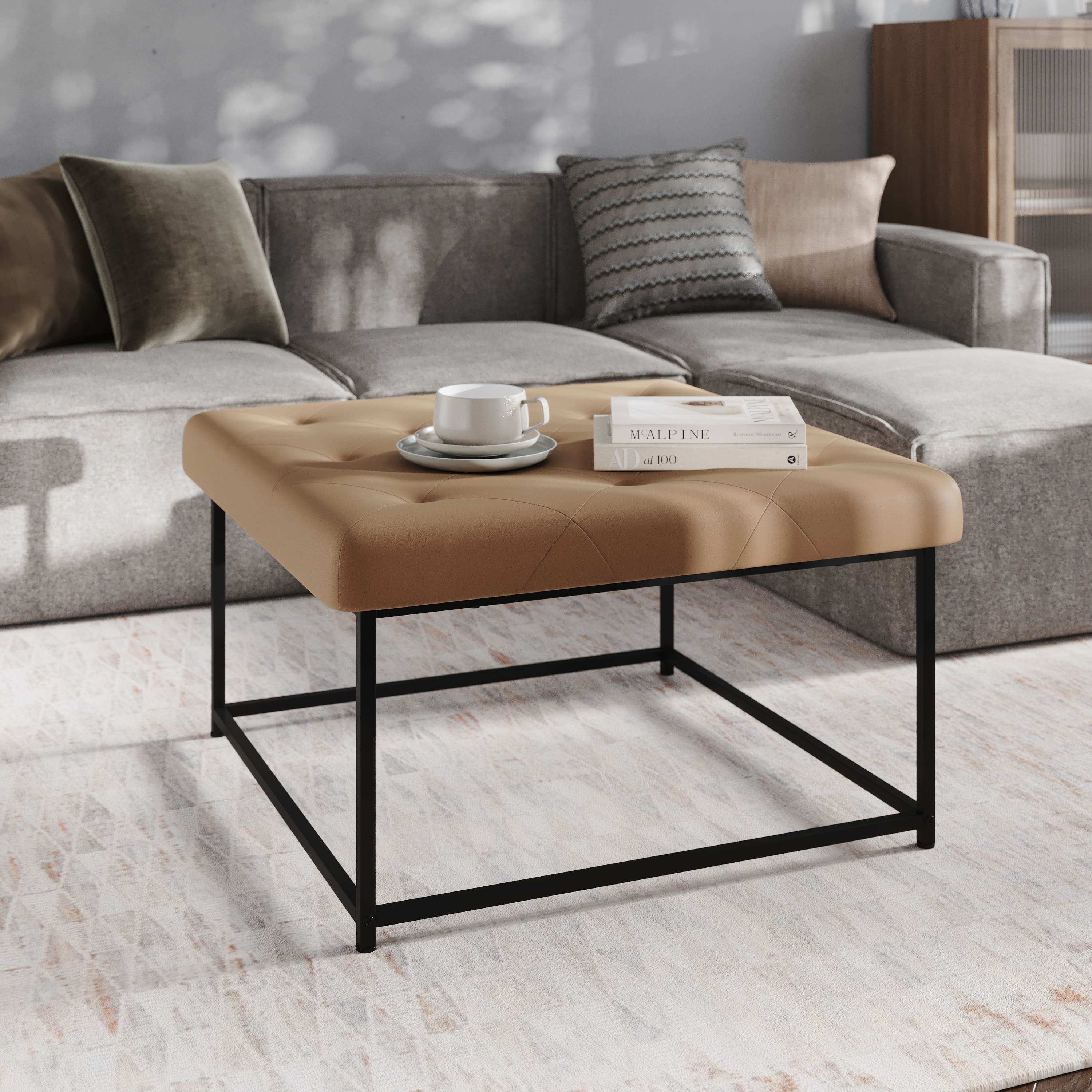 Emma + Oliver - Aranda 30 in. Faux Leather Square Ottoman with Tufted Design and Sturdy Iron Frame - Light Brown