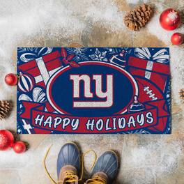 Evergreen Enterprises - New York Giants 28" x 16" Happy Holidays Christmas Turf Door Mat - Multicolor
