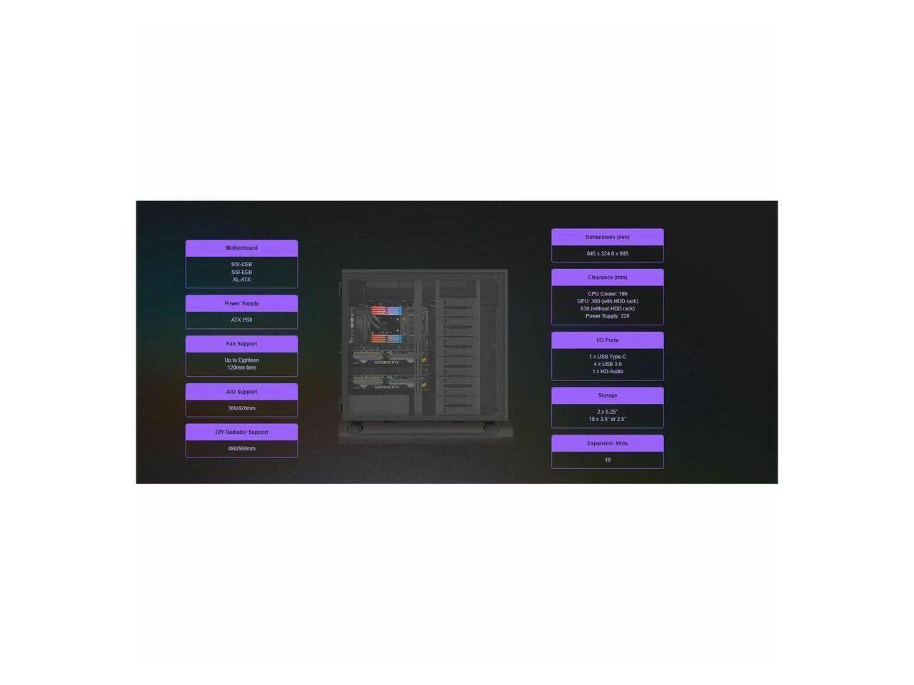 Dimensions:  
645 x 324 x 18.65 mm

Motherboard:  
SSI-CEB  
S9P-CEB  
XL-ATX

Clearance:  
CPU Cooler: 150 mm  
GPU: 300 mm  
Power Supply: 220 mm

Power Supply:  
ATX PSU

IO Ports:  
1x USB Type-C  
1x USB 3.0  
1x HD Audio  
1x 208  
1x 25  
1x HD  

Storage:  
2x 3.5" or 2.5"  
18 x 35

Expansion Slots:  
10

GPU:  
300 mm

CPU Cooler:  
150 mm

AIO Support:  
360/420 mm

DIY Radiator Support:  
480/560 mm

Fan Support:  
Up to Eighteen  
120mm Fans