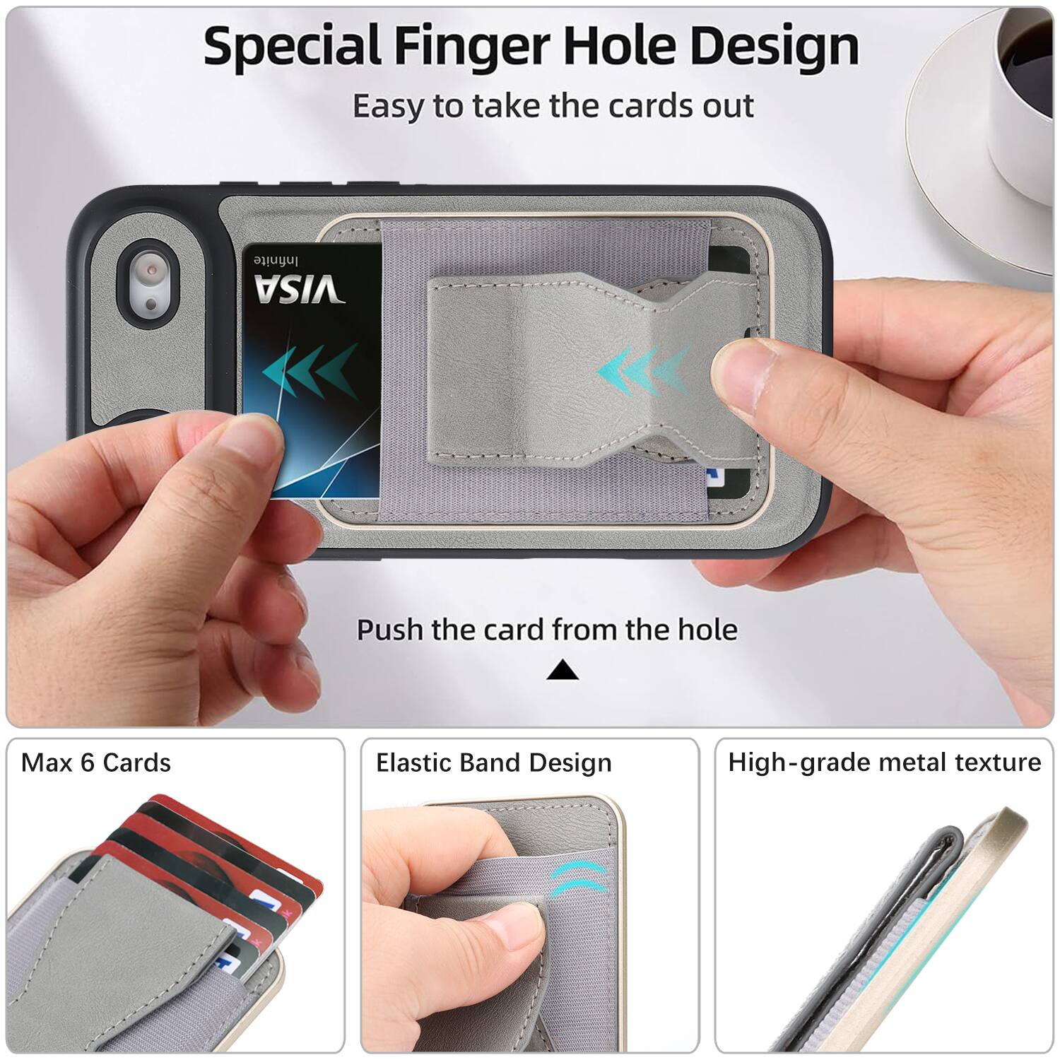 Special Finger Hole Design  
Easy to take the cards out  

Push the card from the hole  

Max 6 Cards  

Elastic Band Design  

High-grade metal texture