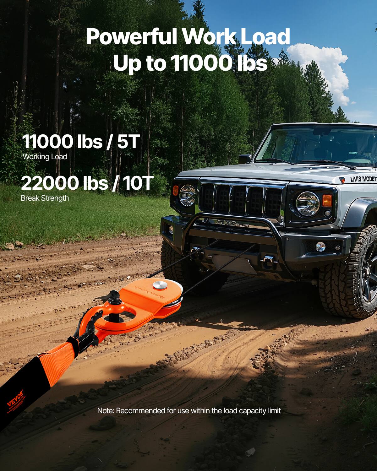 Powerful Work Load Up to 11000 lbs

11000 lbs / 5T
Working Load

22000 lbs / 10T
Break Strength

LVIS MODET
SXGom
LAPED

VEVOR

Note: Recommended for use within the load capacity limit