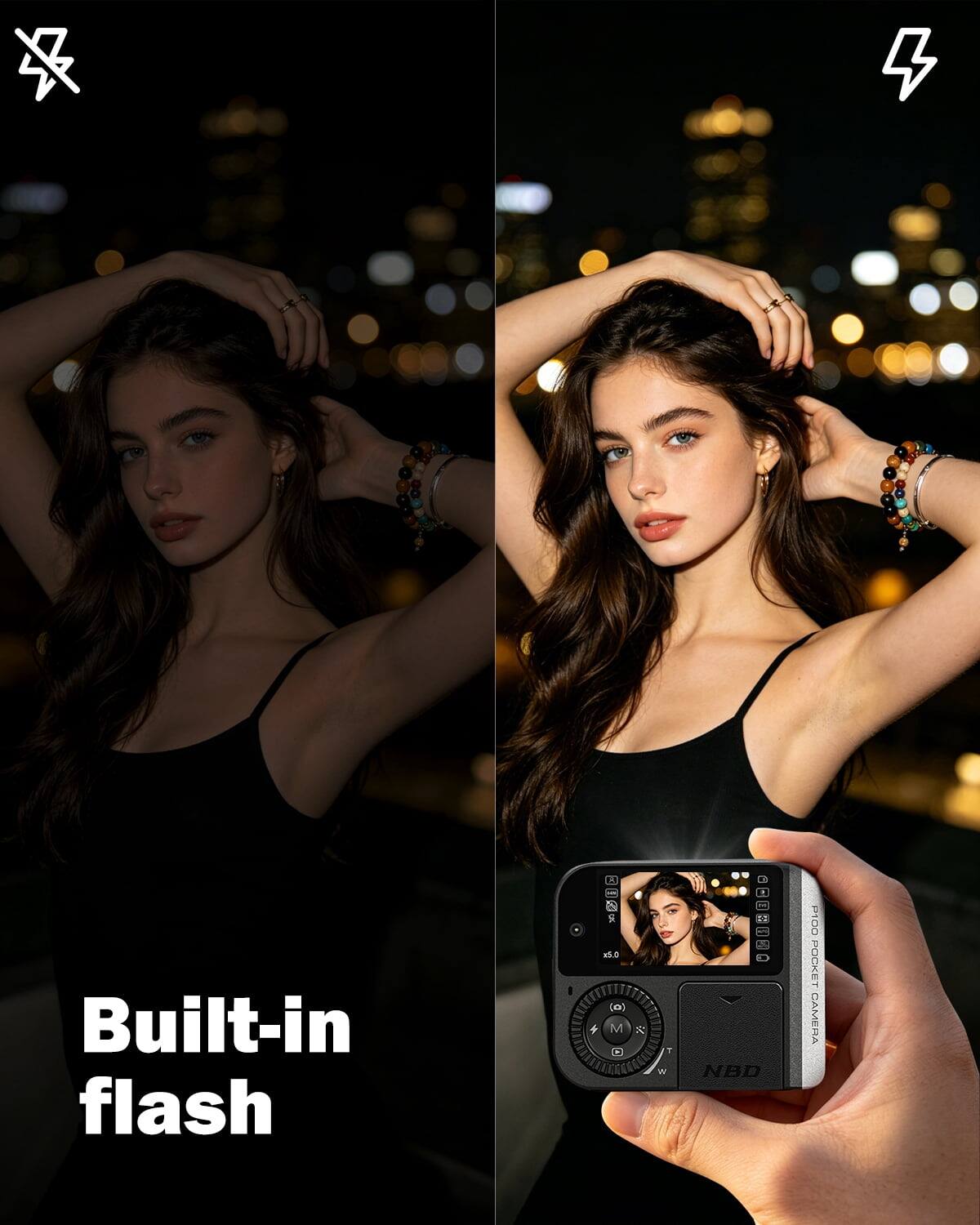 Built-in flash

4x5.0 (o) 4 M O -

&

T W

:: 1 NBD

P100 POCKET CAMERA