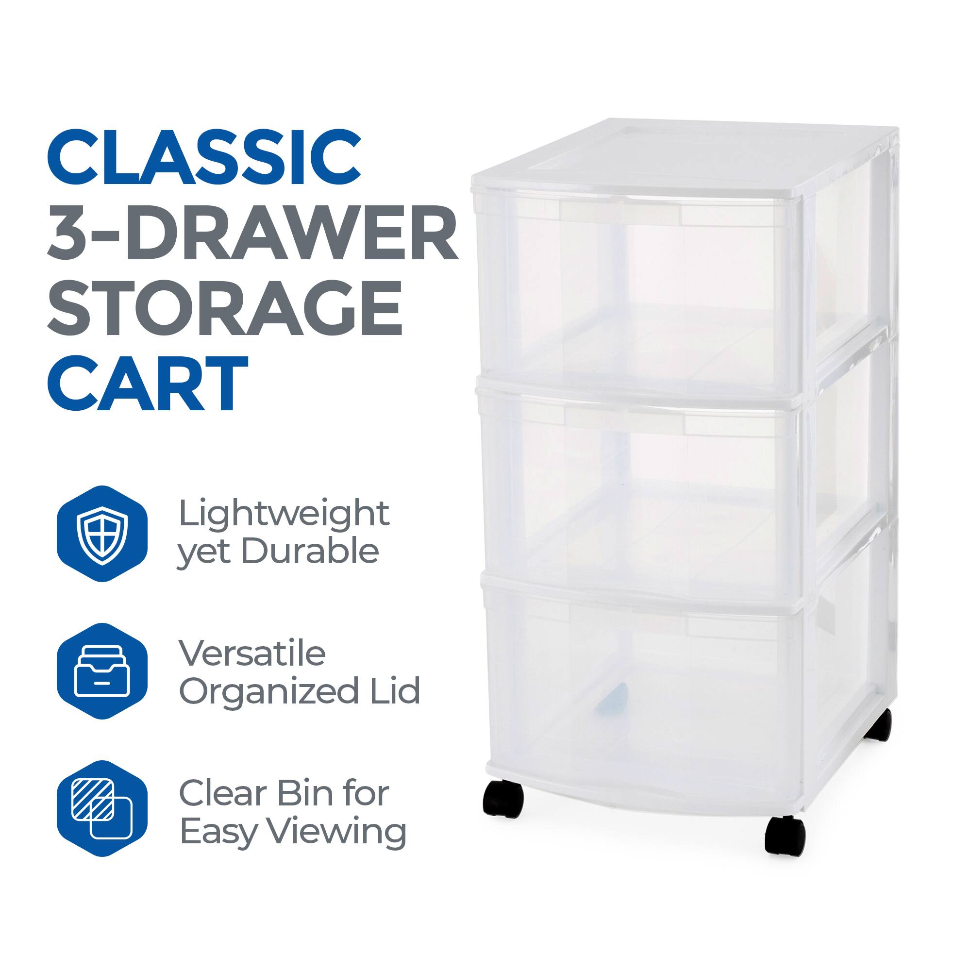 CLASSIC 3-DRAWER STORAGE CART

- Lightweight yet Durable
- Versatile Organized Lid
- Clear Bin for Easy Viewing