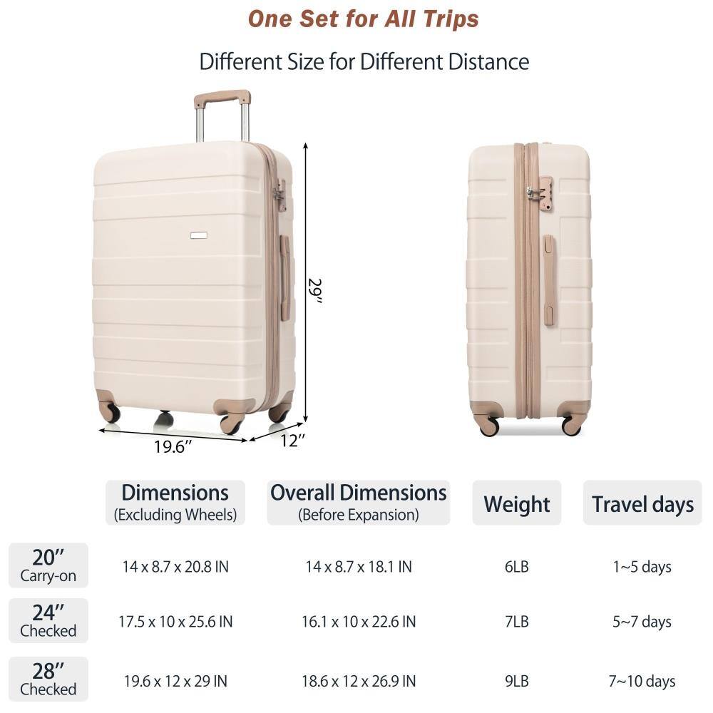 One Set for All Trips  
Different Size for Different Distance  

Dimensions (Excluding Wheels)  
20" Carry-on: 14 x 8.7 x 20.8 IN  
24" Checked: 17.5 x 10 x 25.6 IN  
28" Checked: 19.6 x 12 x 29 IN  

Overall Dimensions (Before Expansion)  
20" Carry-on: 14 x 8.7 x 18.1 IN  
24" Checked: 16.1 x 10 x 22.6 IN  
28" Checked: 18.6 x 12 x 26.9 IN  

Weight  
20" Carry-on: 6LB  
24" Checked: 7LB  
28" Checked: 9LB  

Travel days  
20" Carry-on: 1~5 days  
24" Checked: 5~7 days  
28" Checked: 7~10 days