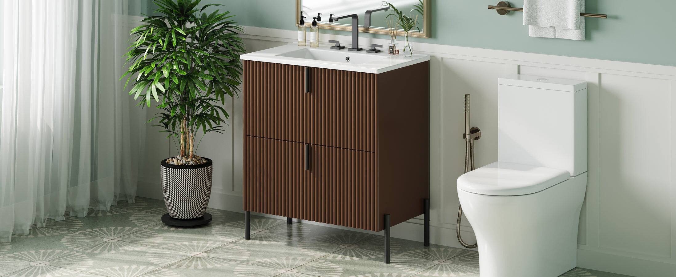 Alt View 9. Boyel Living - 30 Inch Bathroom Vanity with Ceramic Sink Vertical Pulls Full Extension Drawers Soft Close Dark Brown - DarkBrown.