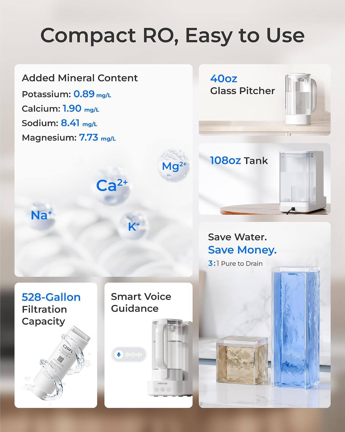Compact RO, Easy to Use

Added Mineral Content
Potassium: 0.89 mg/L
Calcium: 1.90 mg/L
Sodium: 8.41 mg/L
Magnesium: 7.73 mg/L

40oz Glass Pitcher

108oz Tank

Save Water. Save Money.
3:1 Pure to Drain

528-Gallon Filtration Capacity

Smart Voice Guidance

Ca²⁺
Mg²⁺
Na⁺
K⁺