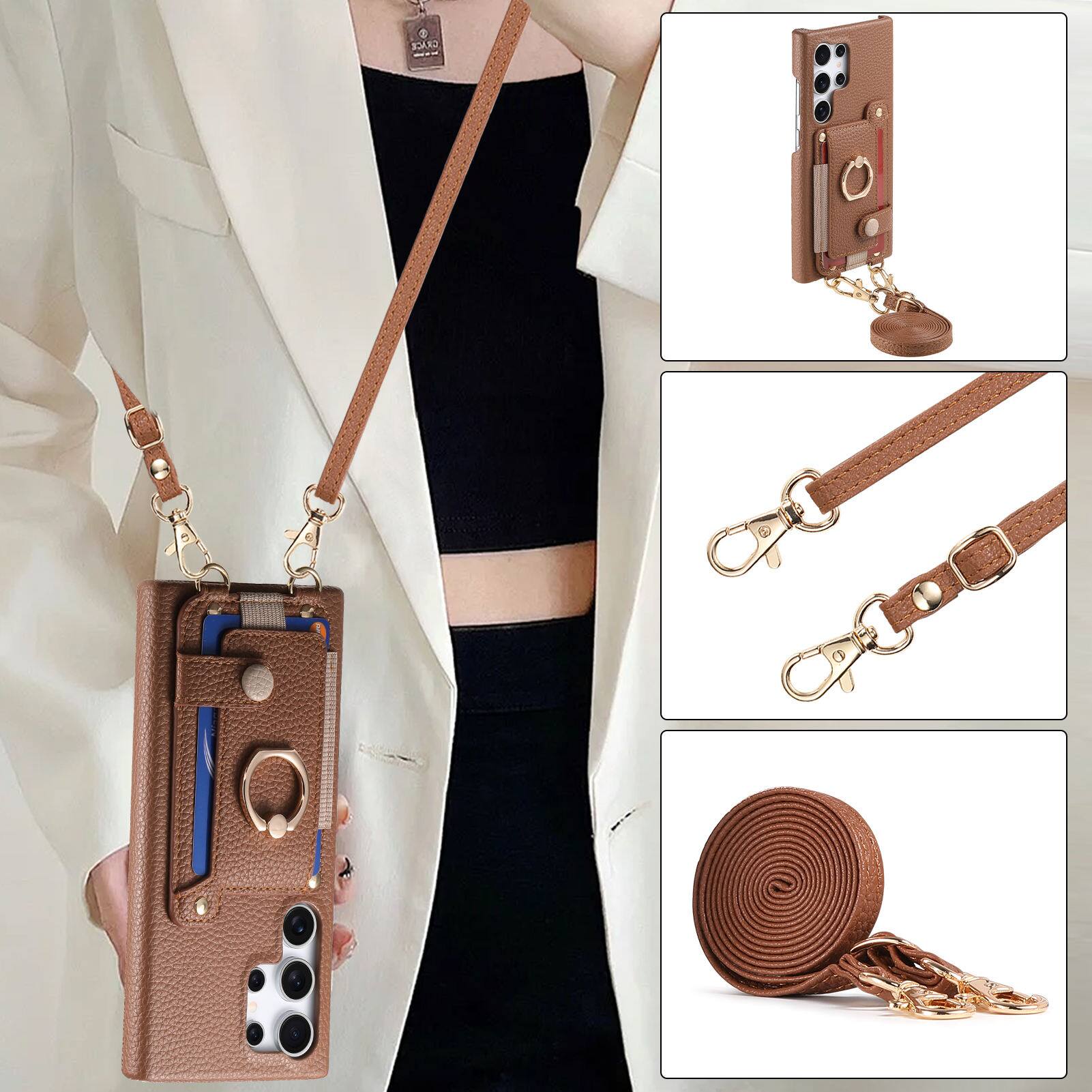 Alt View 1. Dteck - Lychee Texture Wallet Case for Samsung Galaxy S25 Ultra with Ring Stand,Crossbody Faux Leather Cover with Card Holder - Brown.