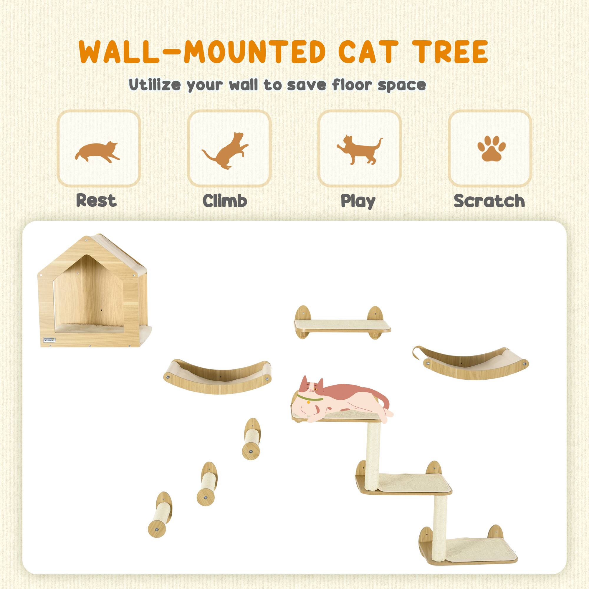 WALL-MOUNTED CAT TREE  
Utilize your wall to save floor space  

- Rest  
- Climb  
- Play  
- Scratch