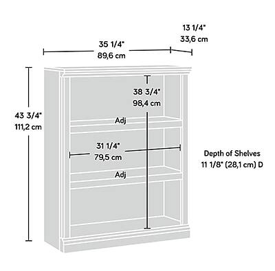 35 1/4" (89.6 cm)  
13 1/4" (33.6 cm)  
43 3/4" (111.2 cm)  
T 38 3/4" (98.4 cm)  
Adj 31 1/4" (79.5 cm)  
Depth of Shelves 11 1/8" (28.1 cm) D
