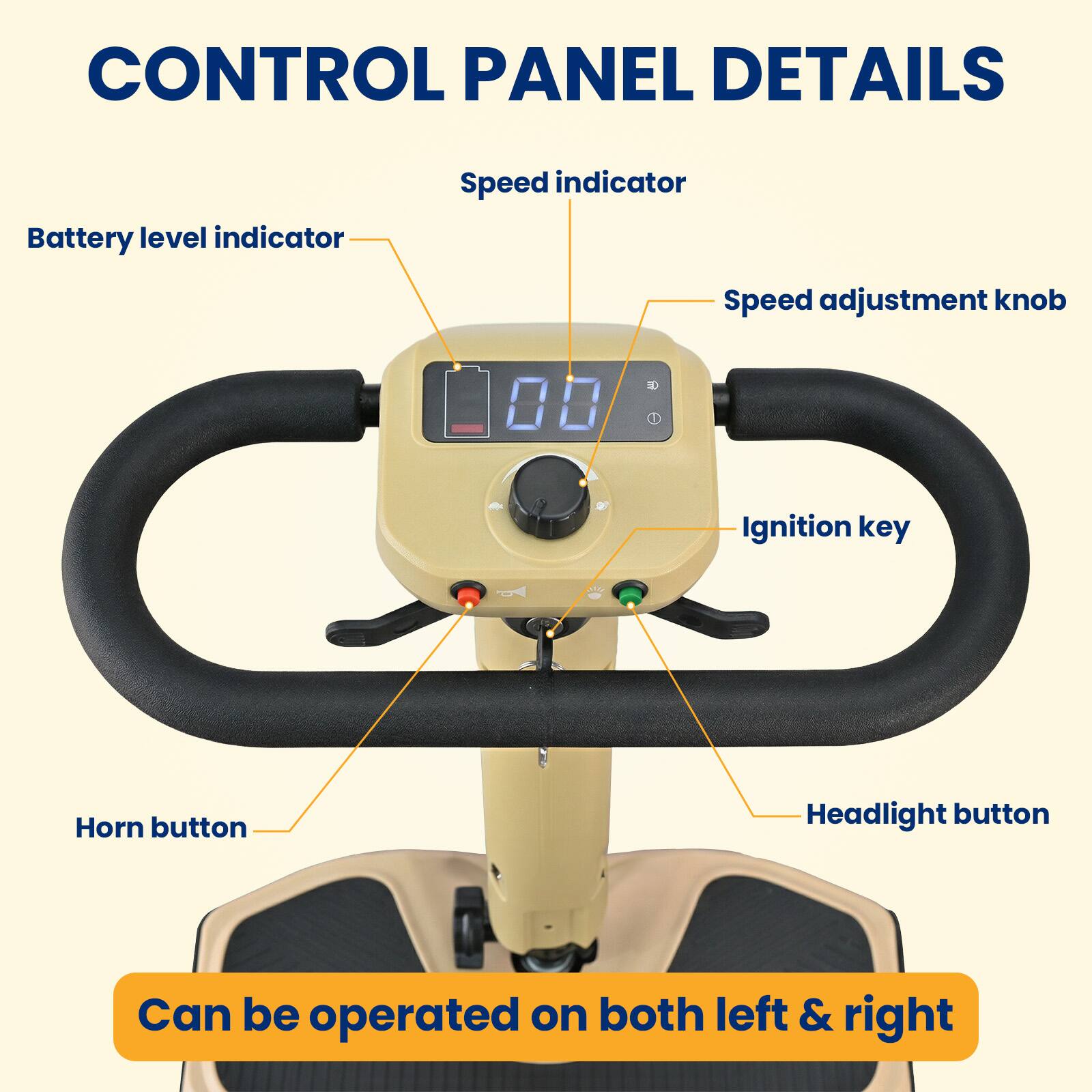 CONTROL PANEL DETAILS

- Battery level indicator
- Speed indicator
- Speed adjustment knob
- Ignition key
- Horn button
- Headlight button

Can be operated on both left & right