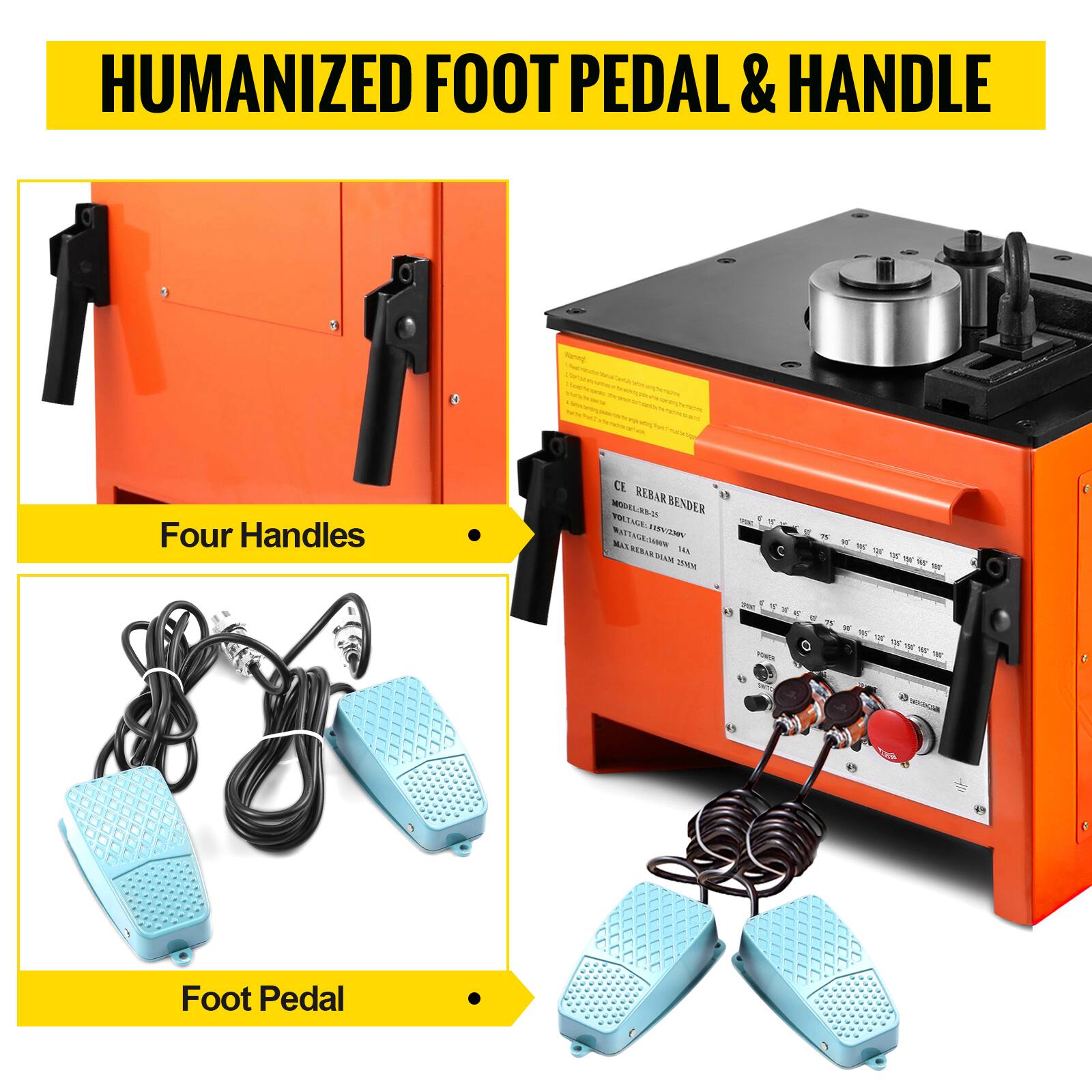 HUMANIZED FOOT PEDAL & HANDLE

Warning

SERVICES

Four Handles

CE 1000-11-88-25 REBARBENDER
VOLTAGE: 380V/220V
WATTAGE: 1800W
MARREBARDIAM 14% 25%
75% 201
2020 POWER
2 75% 201
267

Foot Pedal