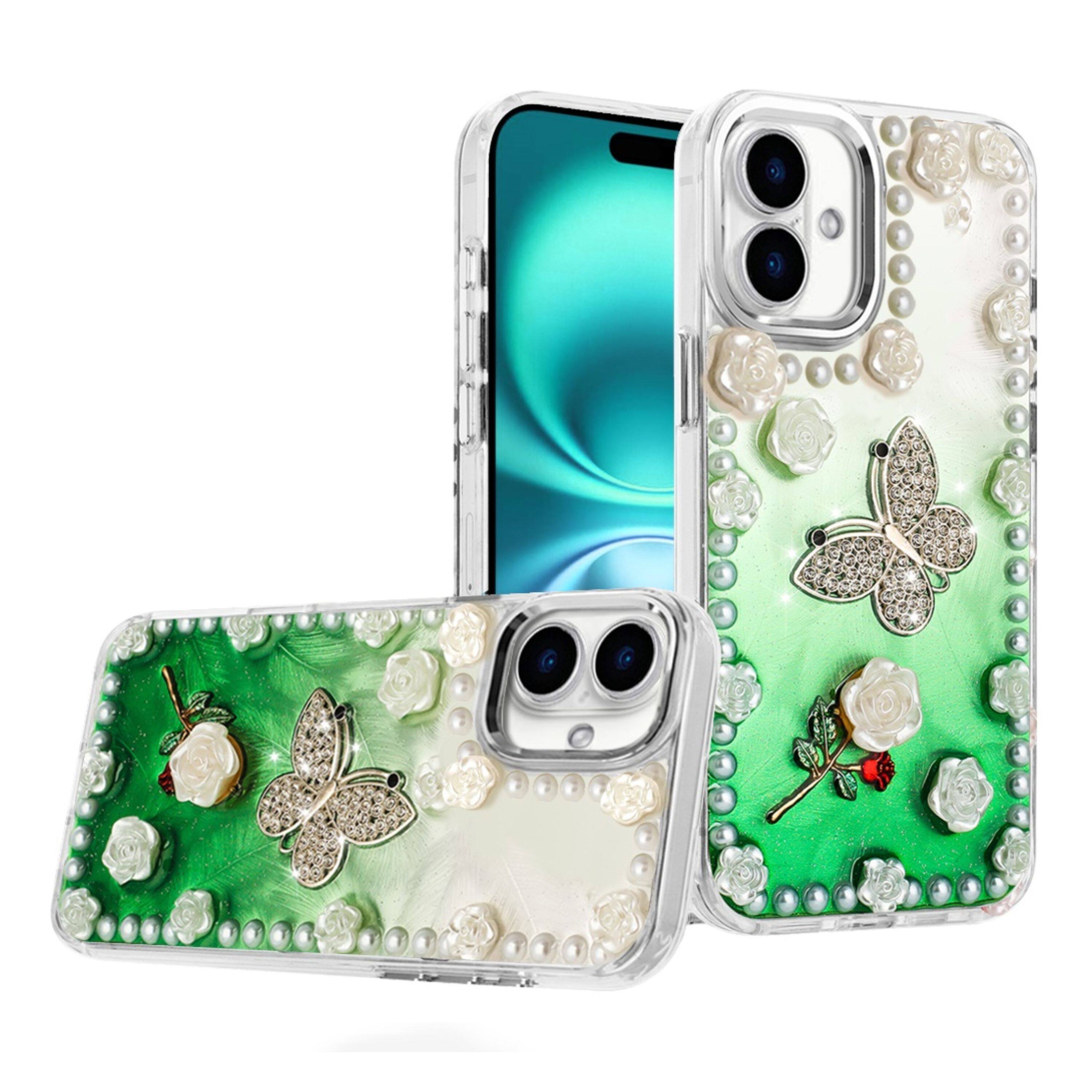 Angle. Kitcheniva - Floral & Faux Pearl Trim 3D Charms Phone Case With Tempered Glass For iPhone 17 Green - Multicolor.