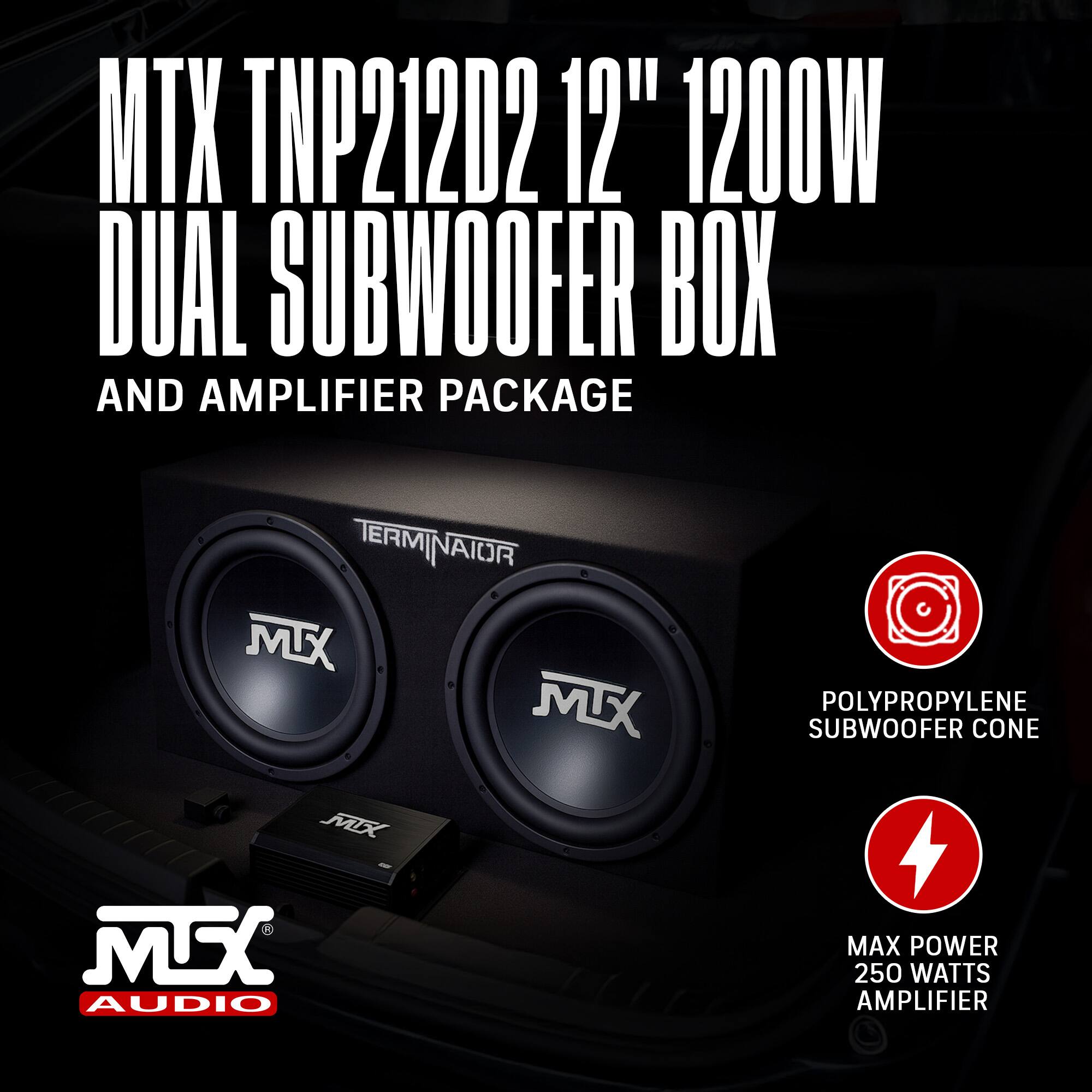 MTX TNP212D2 12" 1200W DUAL SUBWOOFER BOX AND AMPLIFIER PACKAGE

- POLYPROPYLENE SUBWOOFER CONE
- MAX POWER 250 WATTS AMPLIFIER
