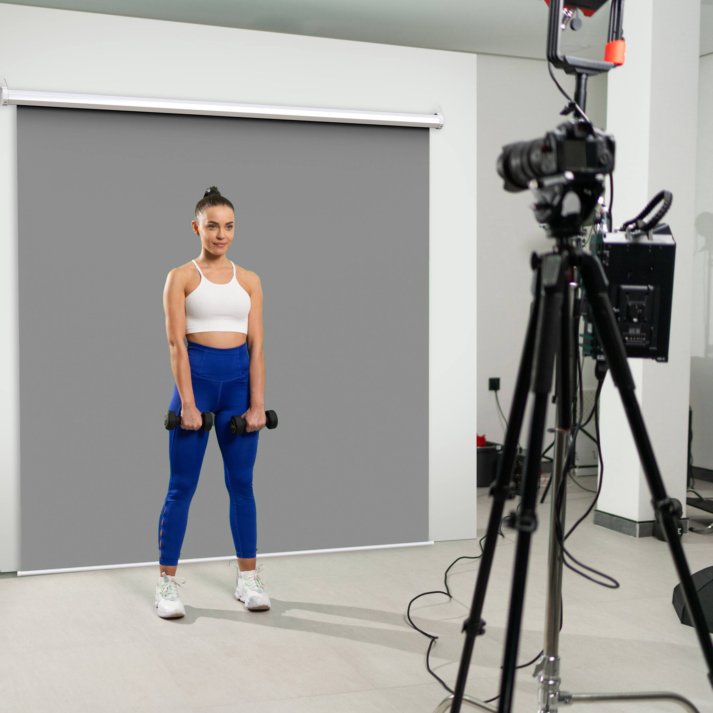 Angle. KHOMO GEAR - Gray Backdrop 84 x 84 in – XL Pull-Down Screen with White Case for Portraits & Livestreams.