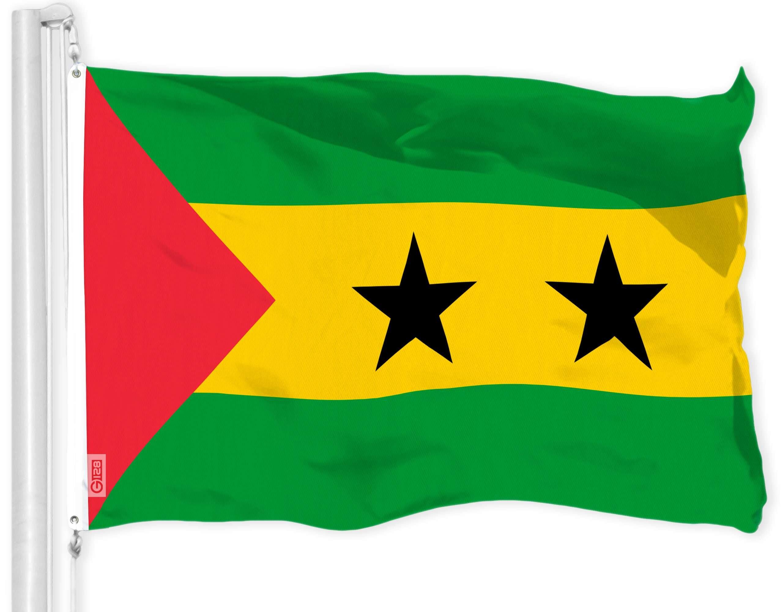 Front. G128 - Sao Tome and Principe Flag 3x5 ft, 150D Heavyweight Polyester, Dye-Sublimated, Brass Grommets - Green, Yellow, Red.