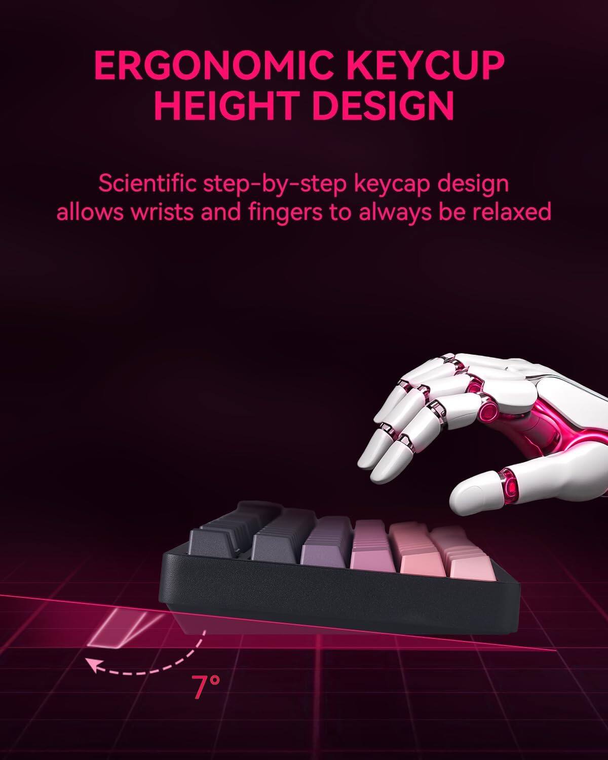 ERGONOMIC KEYCUP HEIGHT DESIGN

Scientific step-by-step keycap design allows wrists and fingers to always be relaxed

7°