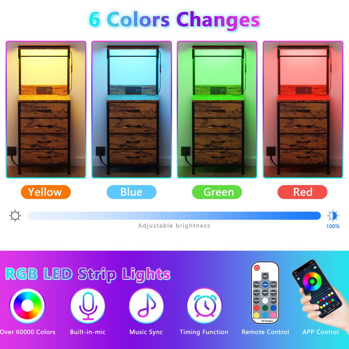 6 Colors Changes Yellow Blue Green Red Adjustable brightness 100% RGB LED Strip Lights

Over 60000 Colors Built-in-mic Music Sync Timing Function Remote Control APP Control
