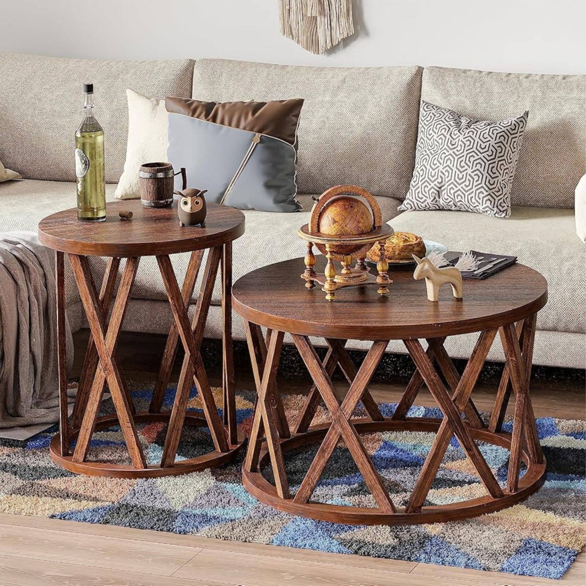 Alt View 4. COZAYH - COZAYH Farmhouse End Table, Rustic Round Top with X-Motifs Legs, Brown, Set of 2 - Brown.