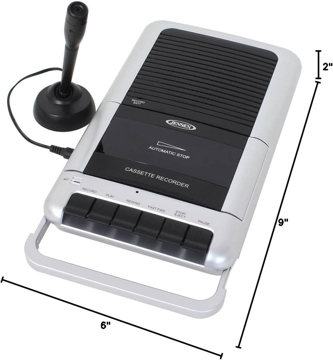 I 2" RECORD BATT JENSEN MIC RECORD AUTOMATIC STOP CASSETTE RECORDER PLAY REWIND FAST FWD EJECT STOP PAUSE 9" 6"