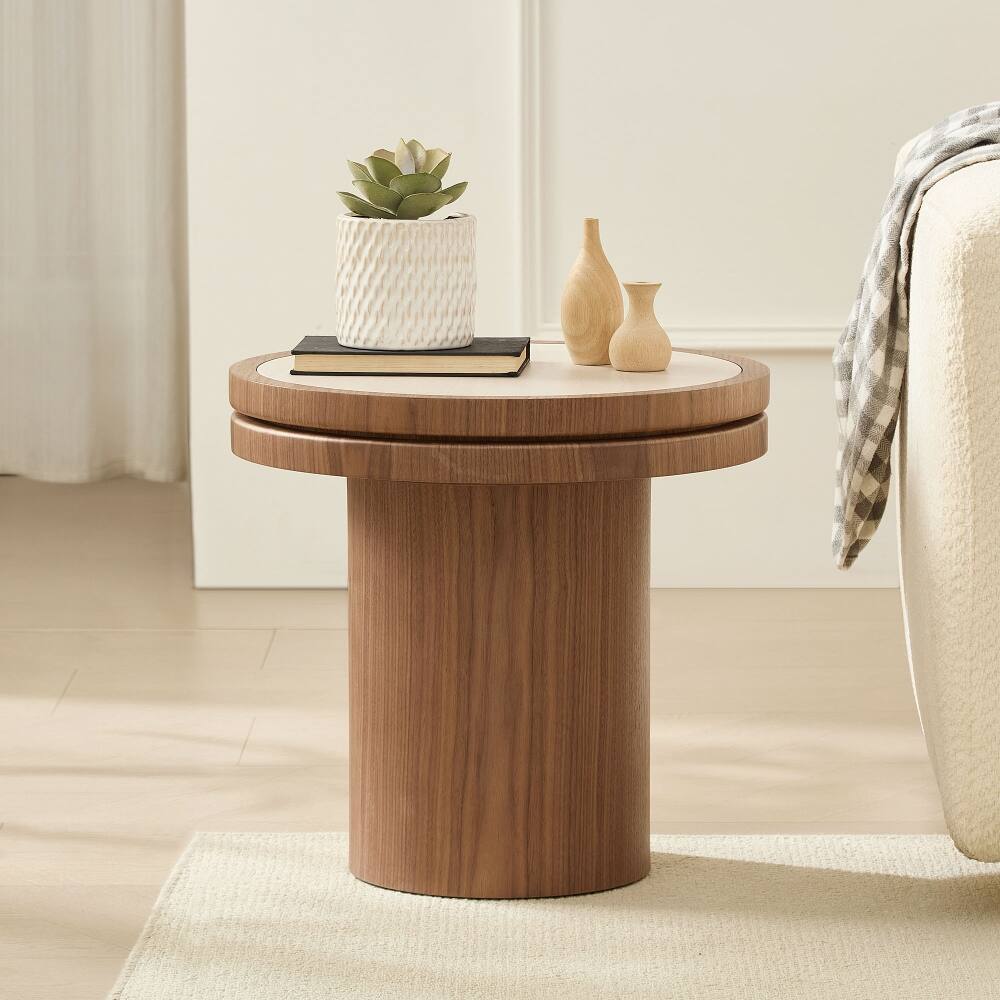Left. Loheer - Loheer 19.49 Inch Round Side Table Walnut Coffee Table Sintered Stone Tabletop MDF Pedestal Base for Living Room Bedroom - Walnut.