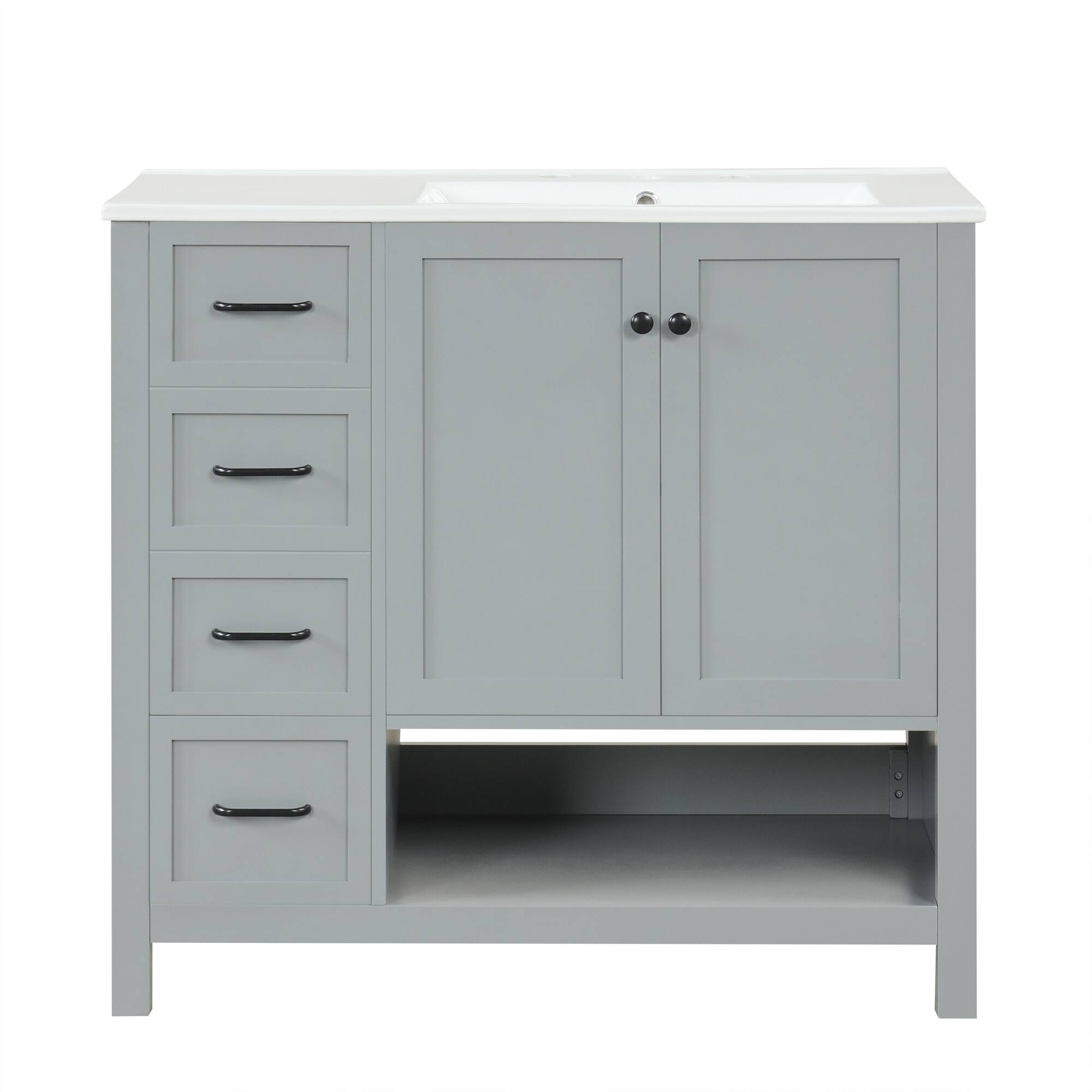 Back. Whisen - 36 Inch Bathroom Vanity with Right Side Ceramic Sink Combo and Single Open Shelf Storage Cabinet - Gray.