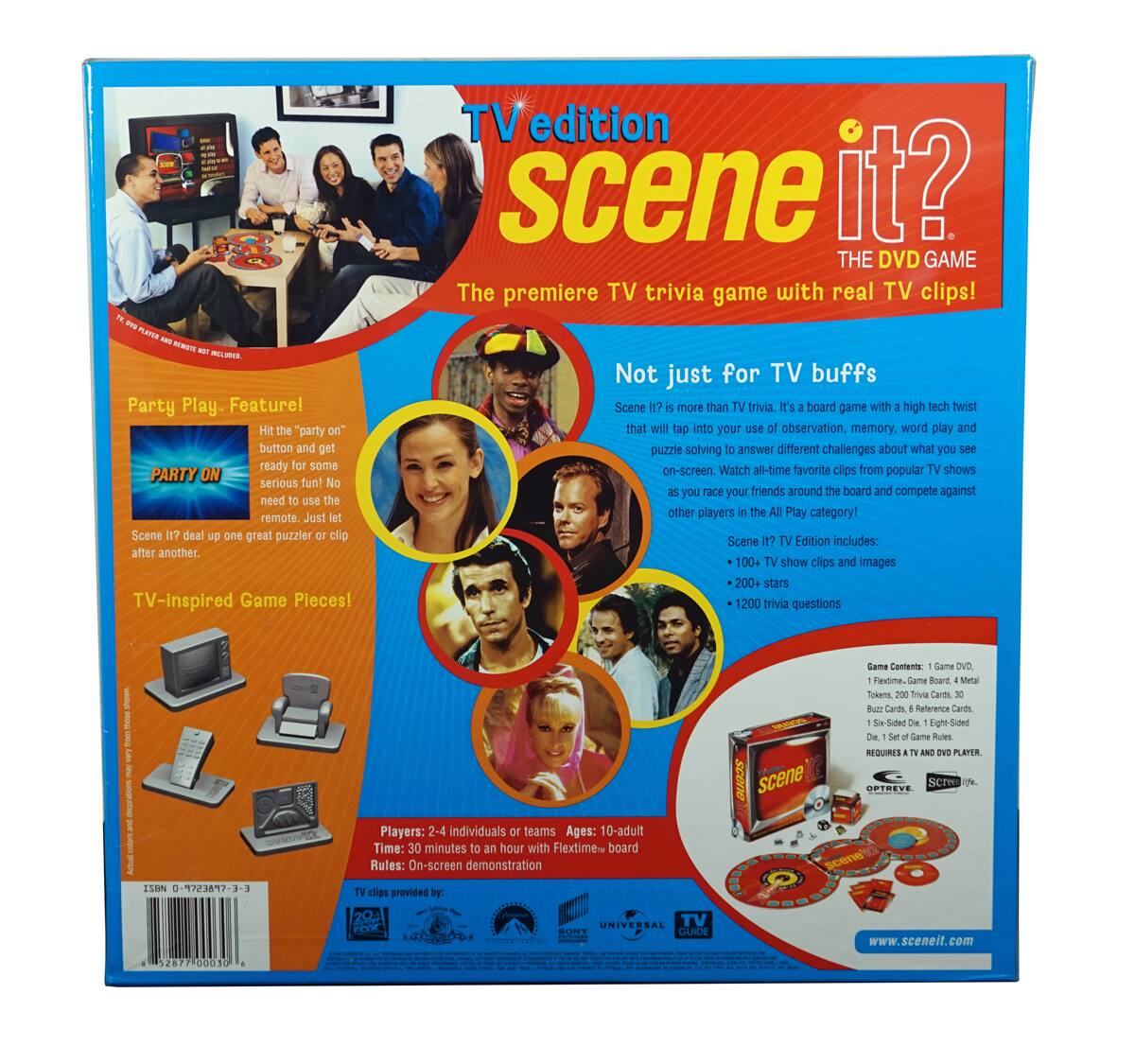 **TV Edition Scene It? The DVD Game**

The premiere TV trivia game with real TV clips!

**Party Play Feature!**
Hit the "party on" button and get ready for some serious fun! No need to use the remote. Just let Scene It? deal up one great puzzler clip after another.

**TV-Inspired Game Pieces!**
Not just for TV buffs. Scene It? is more than TV trivia. It's a board game with a high-tech twist that will tap into your use of observation, memory, word play, and puzzle solving to answer different challenges about what you see on-screen. Watch all-time favorite clips from popular TV shows as you race your friends around the board and compete against other players in the All Play category!

Scene It? TV Edition includes:
- 100+ TV show clips and images
- 200+ stars
- 1200 trivia questions

**Players:** 2-4 individuals or teams  
**Ages:** 10-adult  
**Time:** 30 minutes to an hour with Flextime board  
**Rules:** On-screen demonstration

TV clips provided by: scene it?

**Game Contents:**
- 1 Game DVD
- 1 Flextime